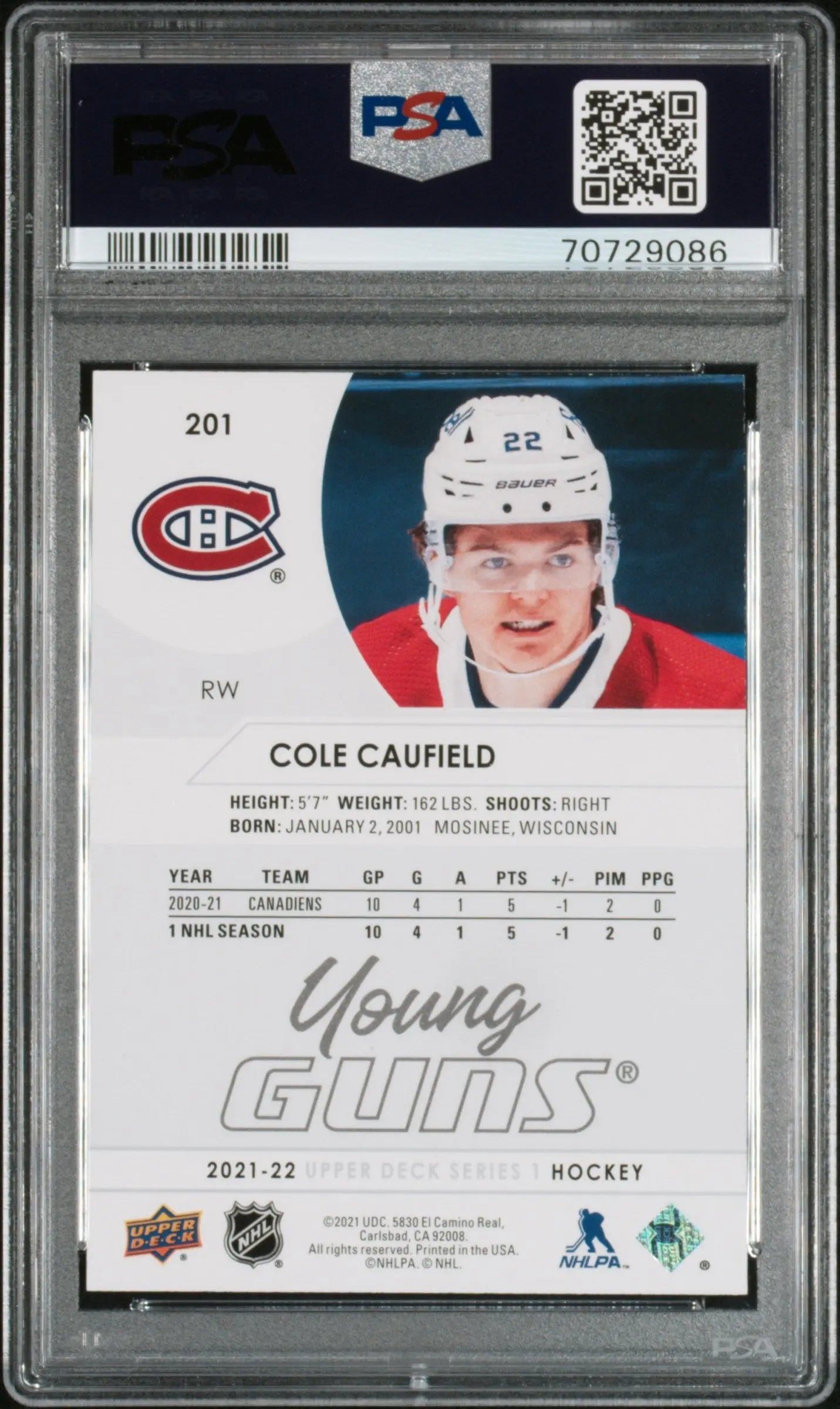 2021-2022 Upper Deck Series 1 Hockey Cole Caufield Young Guns PSA 10 