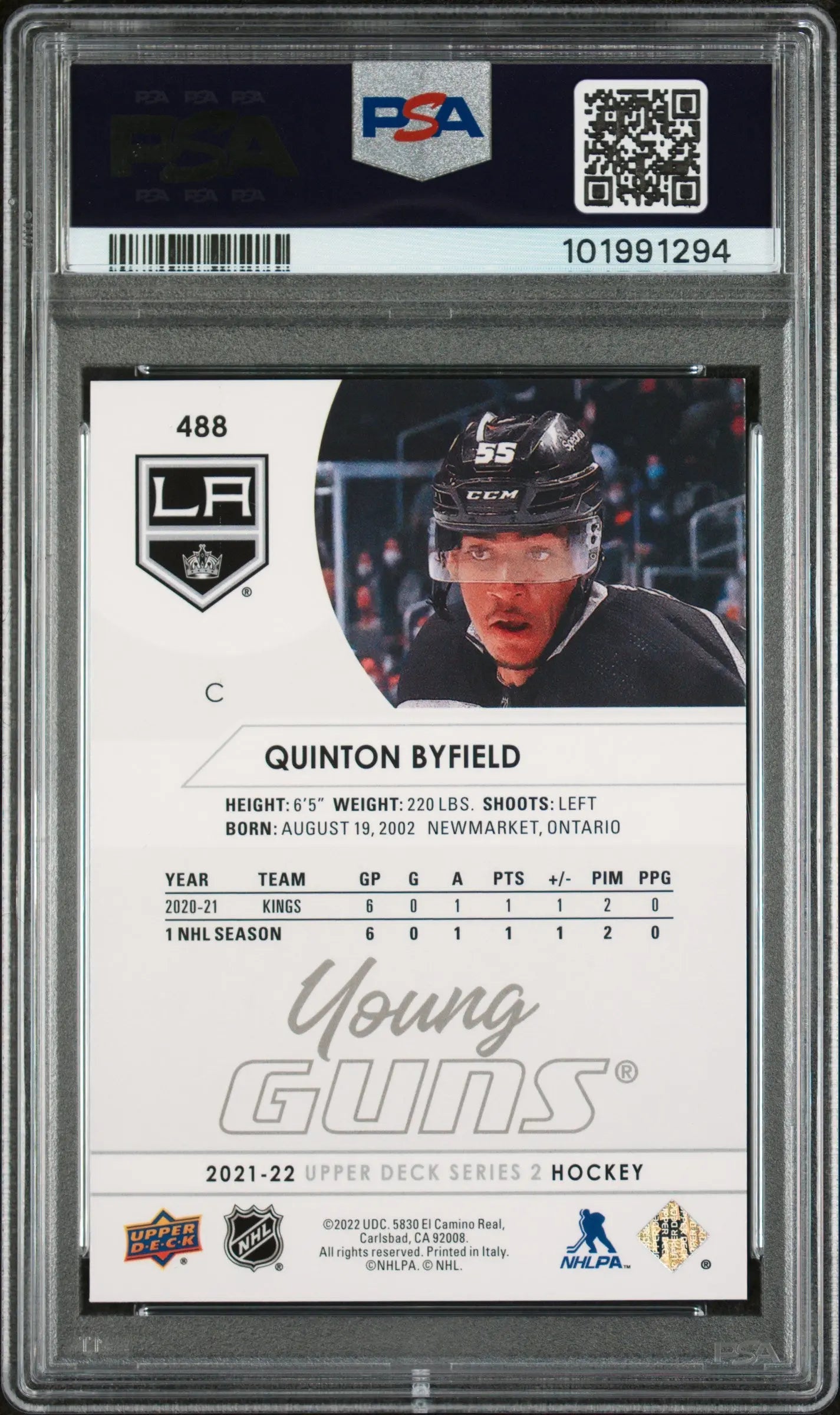 2021-2022 Upper Deck Series 2 Hockey Quinton Byfield Young Guns PSA 8 