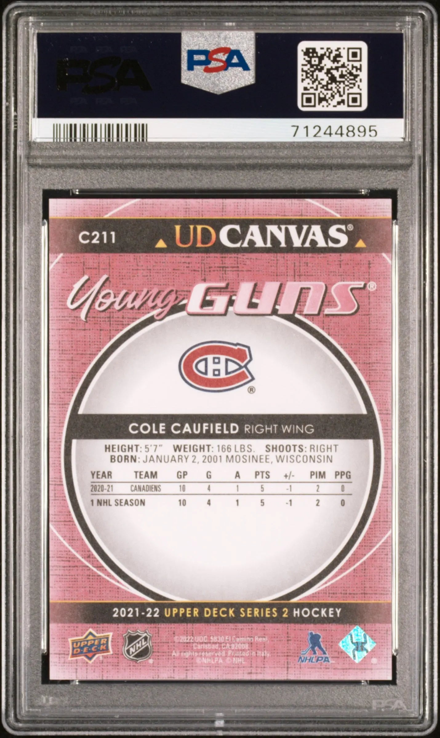 2021-2022 Upper Deck Series 2 UD Canvas Young Guns Cole Caufield RC PSA 9 