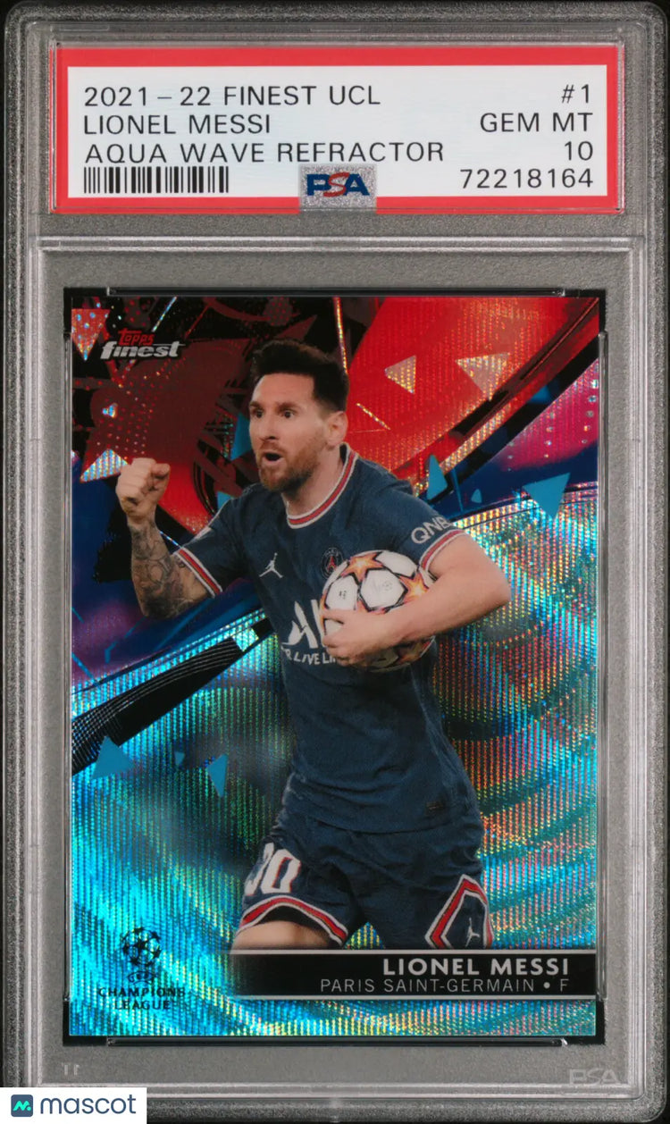 2021-22 Topps Finest UEFA CL Lionel Messi Aqua Wave Refractor PSA 10 /75 