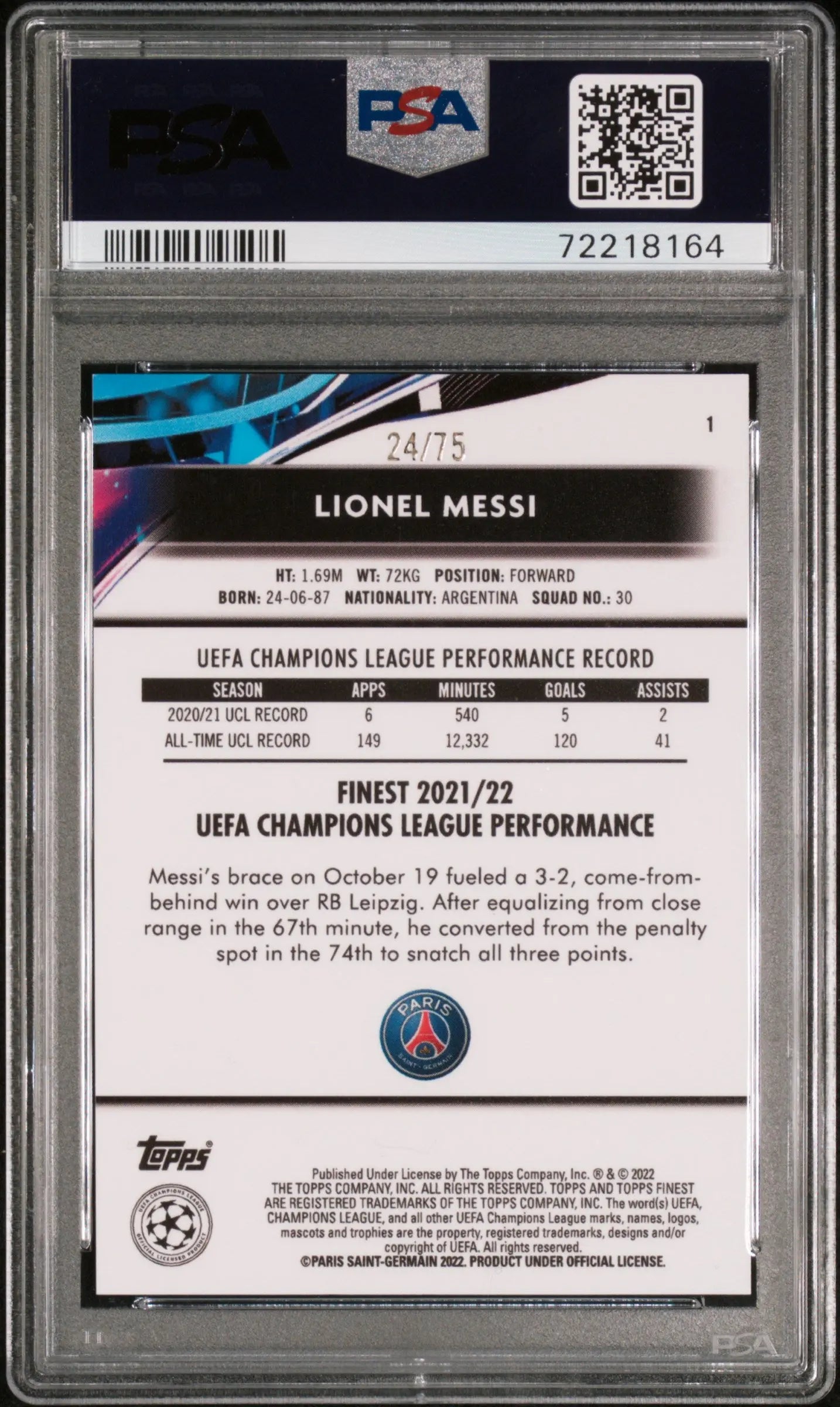 2021-22 Topps Finest UEFA CL Lionel Messi Aqua Wave Refractor PSA 10 /75 