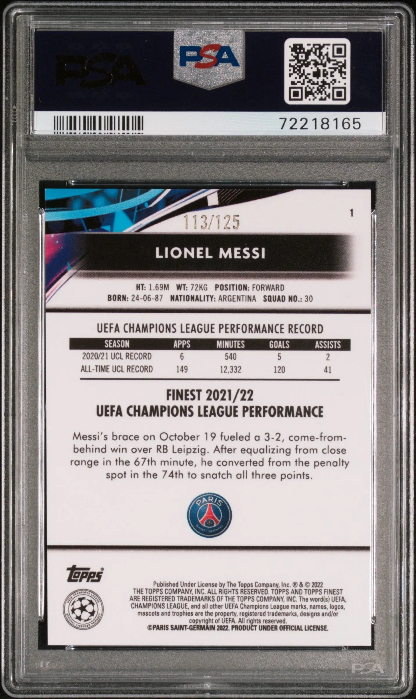 2021-22 Topps Finest UEFA CL Lionel Messi Pink Prism Refractor PSA 10 /125 