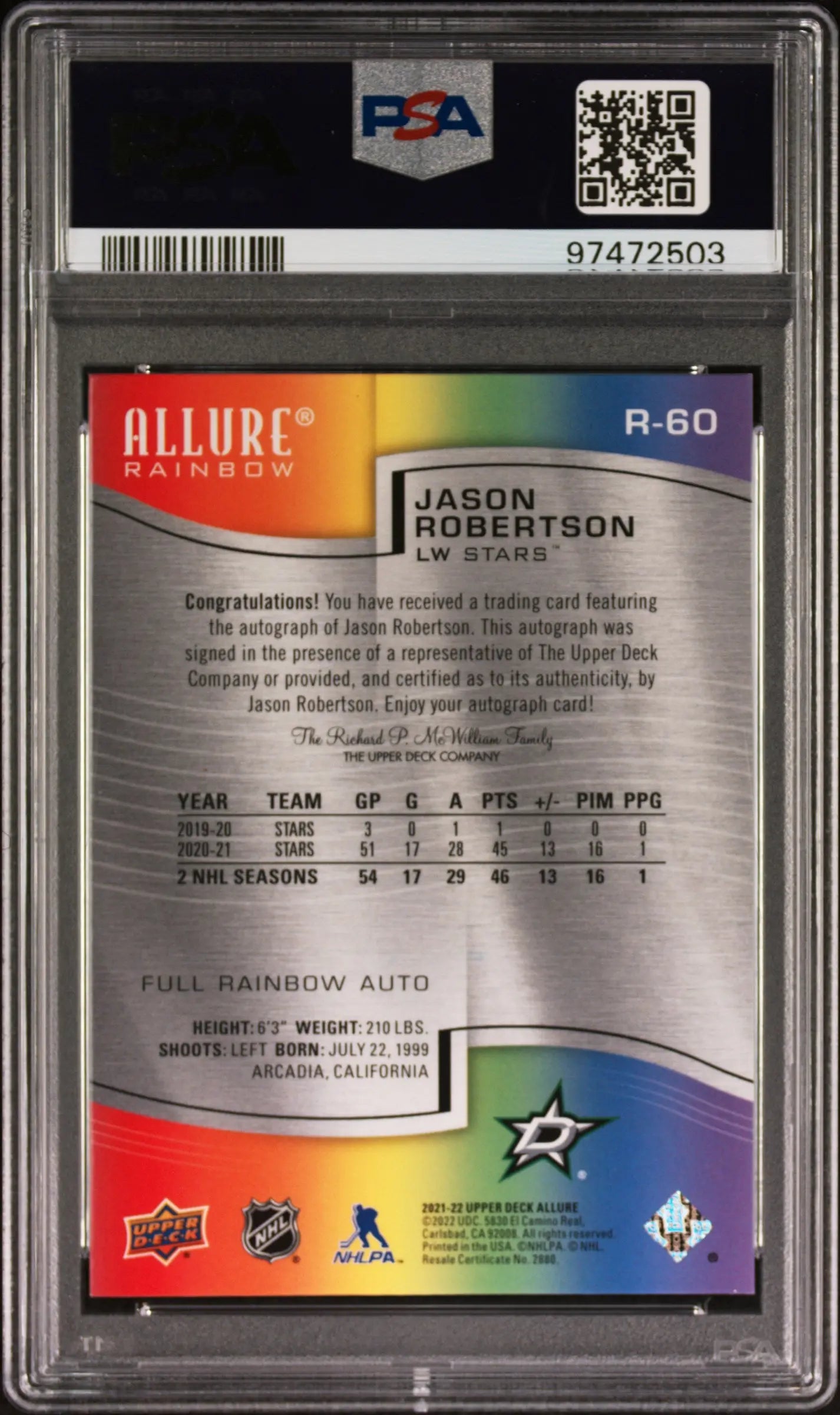 2021-22 Upper Deck Allure Full Rainbow Autograph Jason Robertson PSA 9 