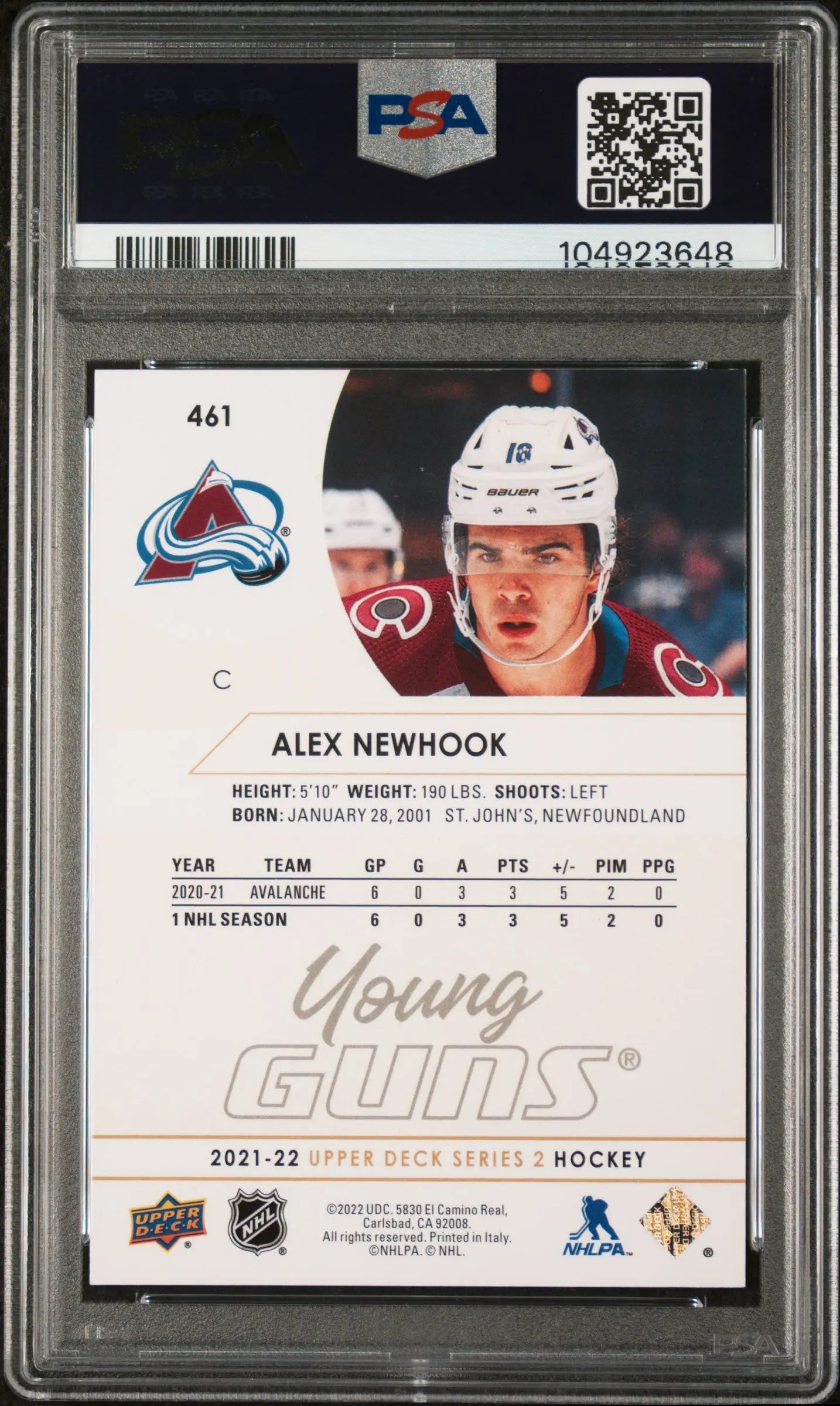 2021-22 Upper Deck Series 2 Alex Newhook Young Guns RC High Gloss PSA 9 1/10 