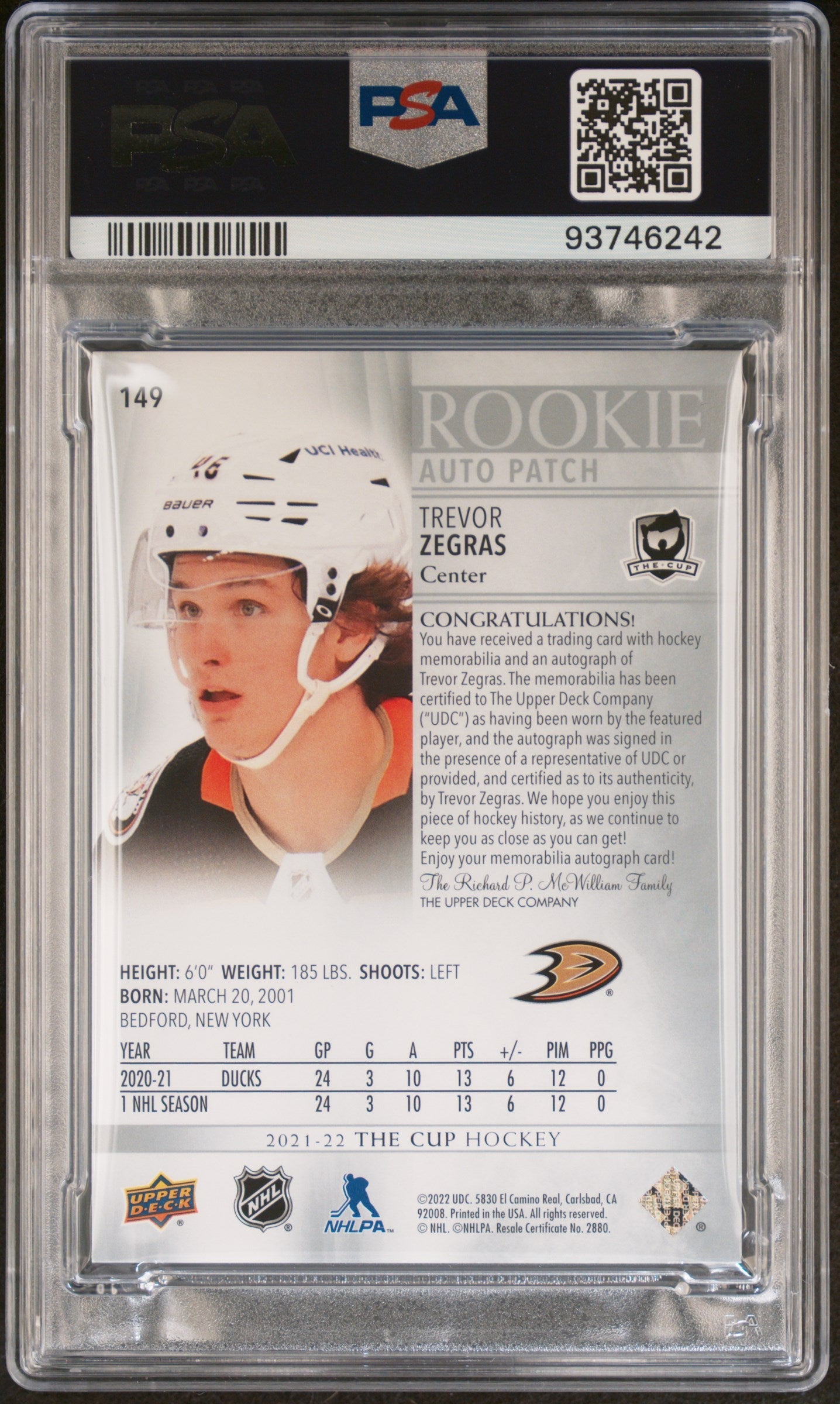 2021 22 Upper Deck The Cup Hockey Psa 8 Trevor Zegras Rookie Patch Auto 99 2