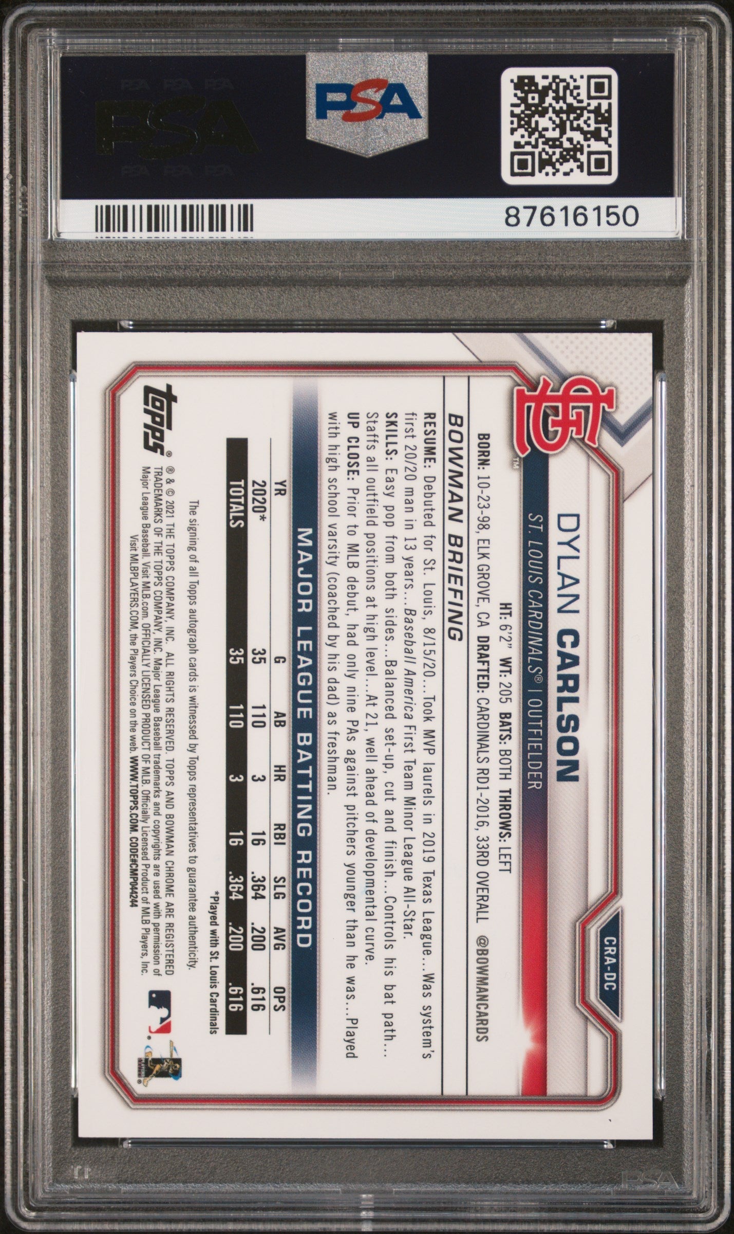 2021 Bowman Chrome Rookie Autographs Psa 10 Dylan Carlson Yellow Ref 72 75 2