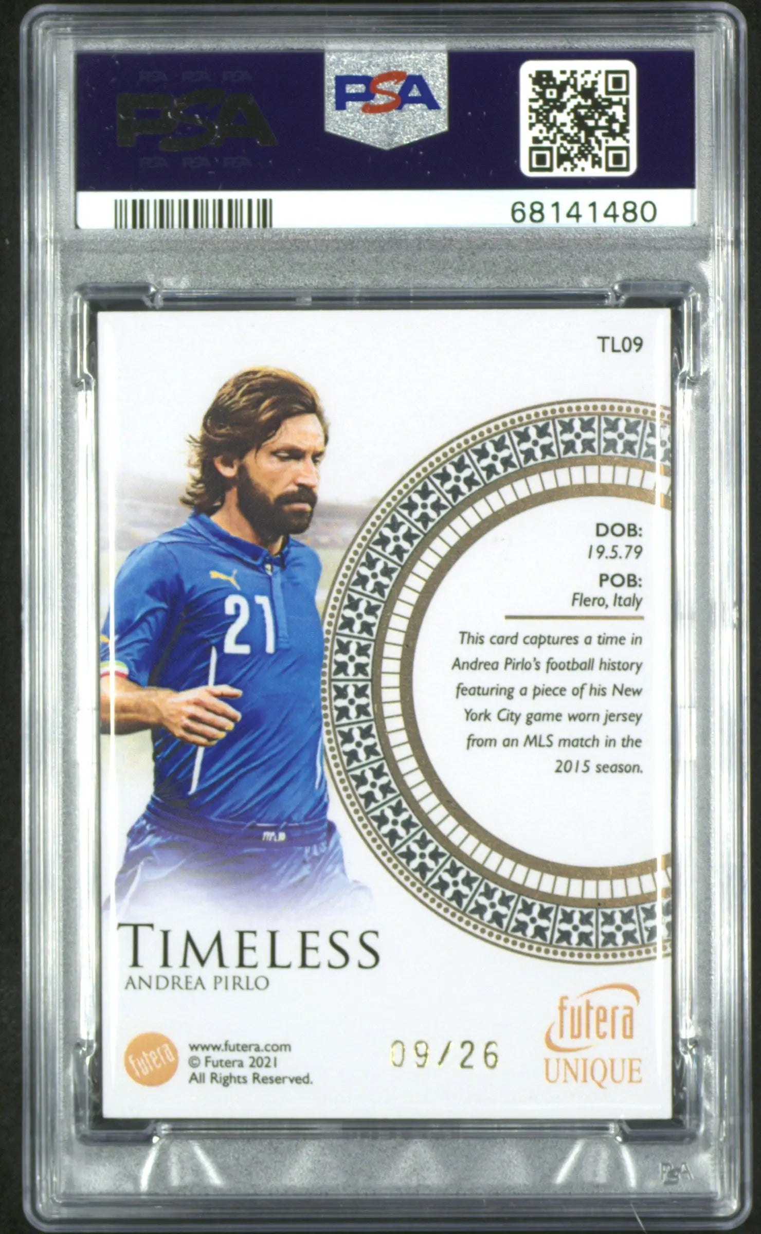 2021 Futera Unique World Football Timeless Relics Andrea Pirlo PSA 10 /26 