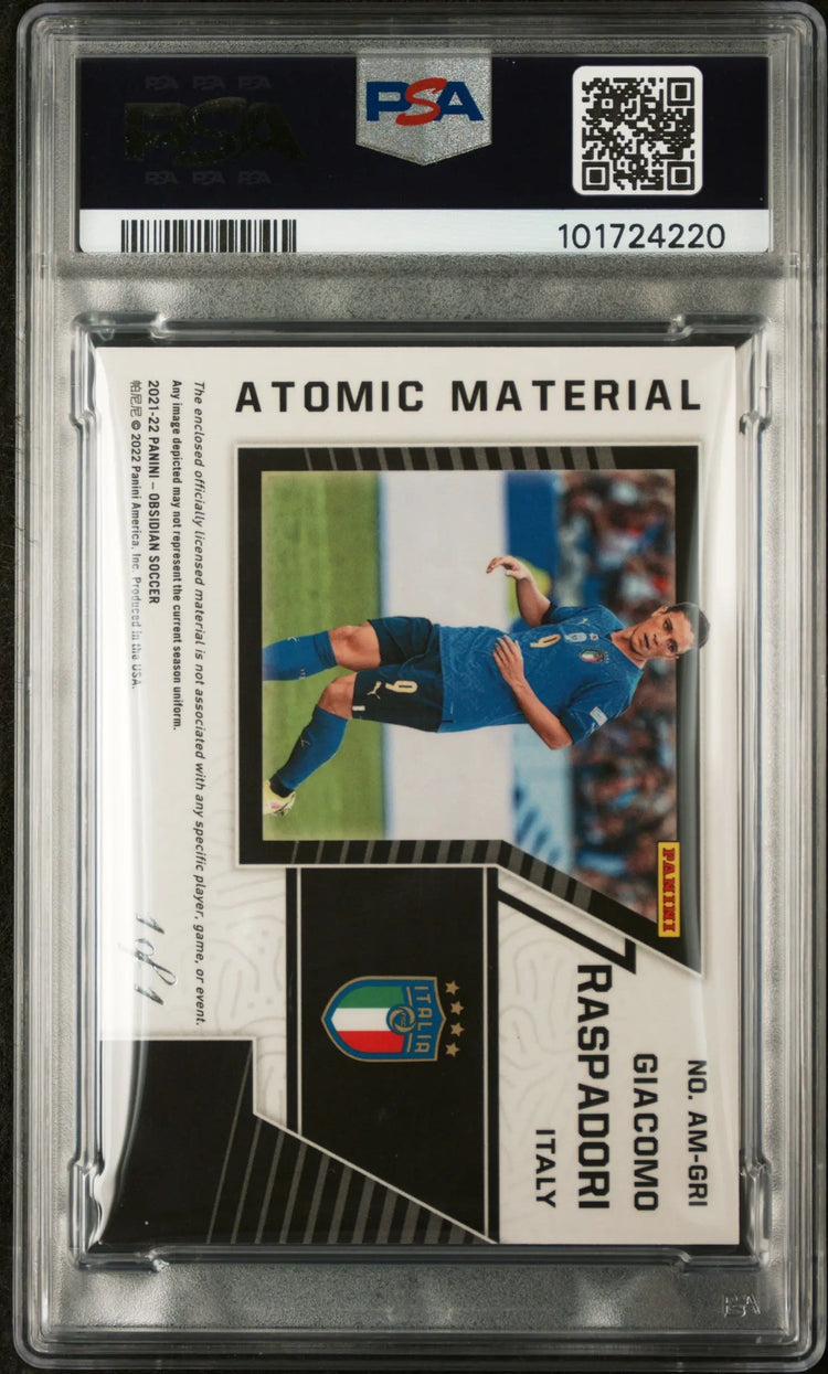 2021 Obsidian Soccer Atomic Material Giacomo Raspadorii Blue Finite PSA 9 1/1 