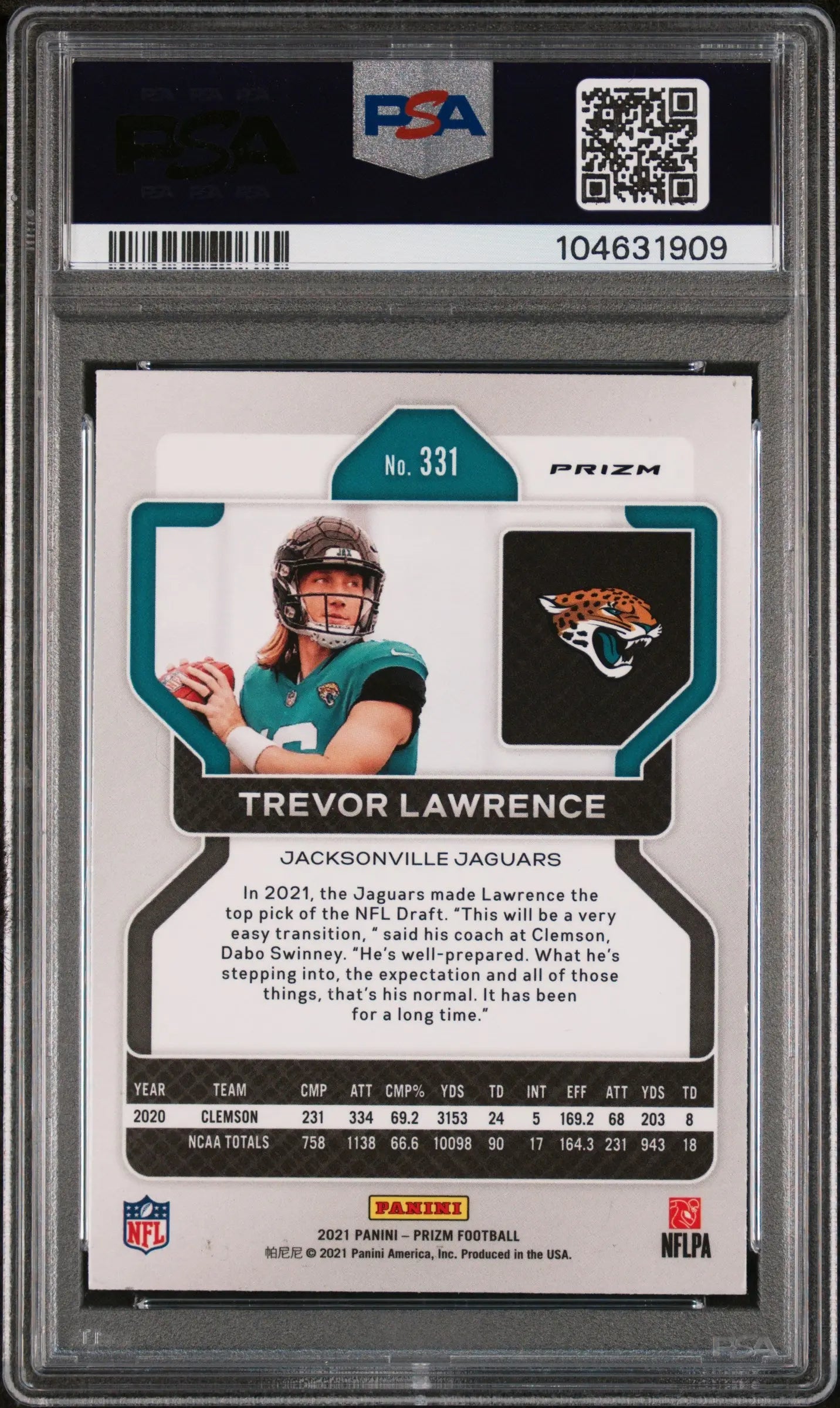 2021 Panini Prizm Football Trevor Lawrence RC Rookie Neon Green Pulsar PSA 9 