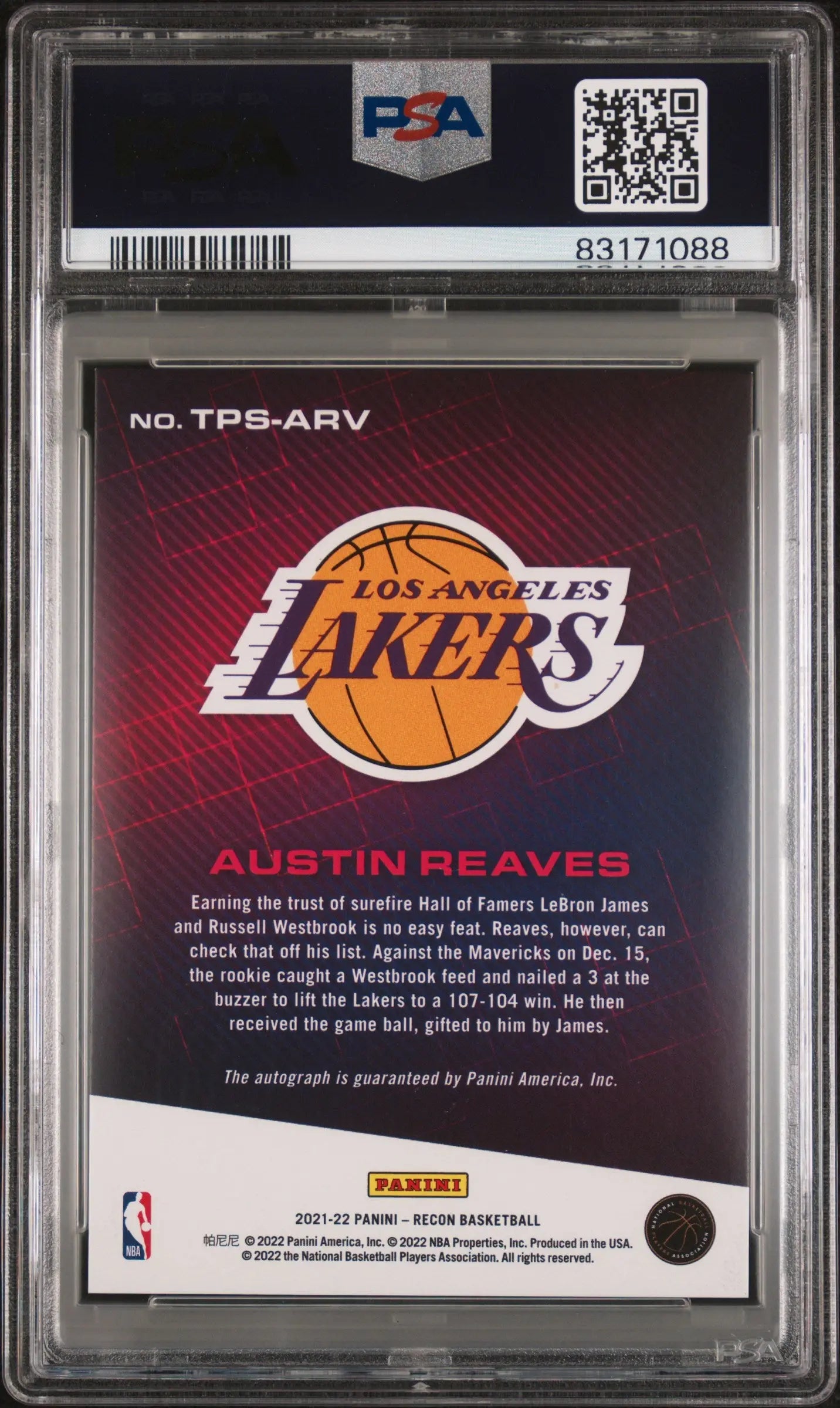 2021 Panini Recon True Potential Austin Reaves RC Autograph Red PSA 10 /99 