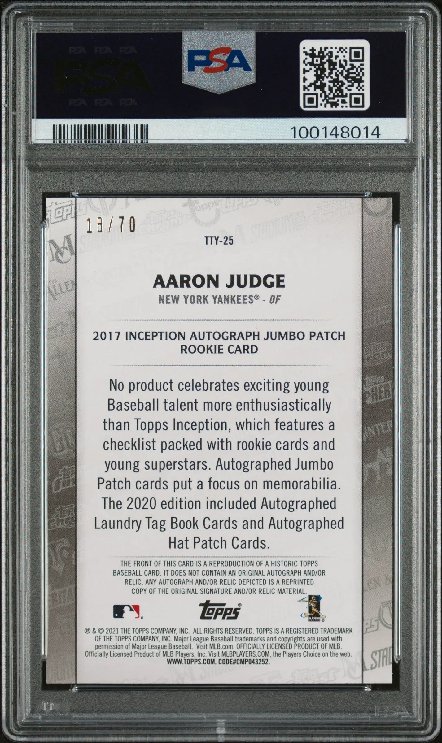 2021 Topps Through The Years Platinum Anniversary Aaron Judge PSA 10 /70 