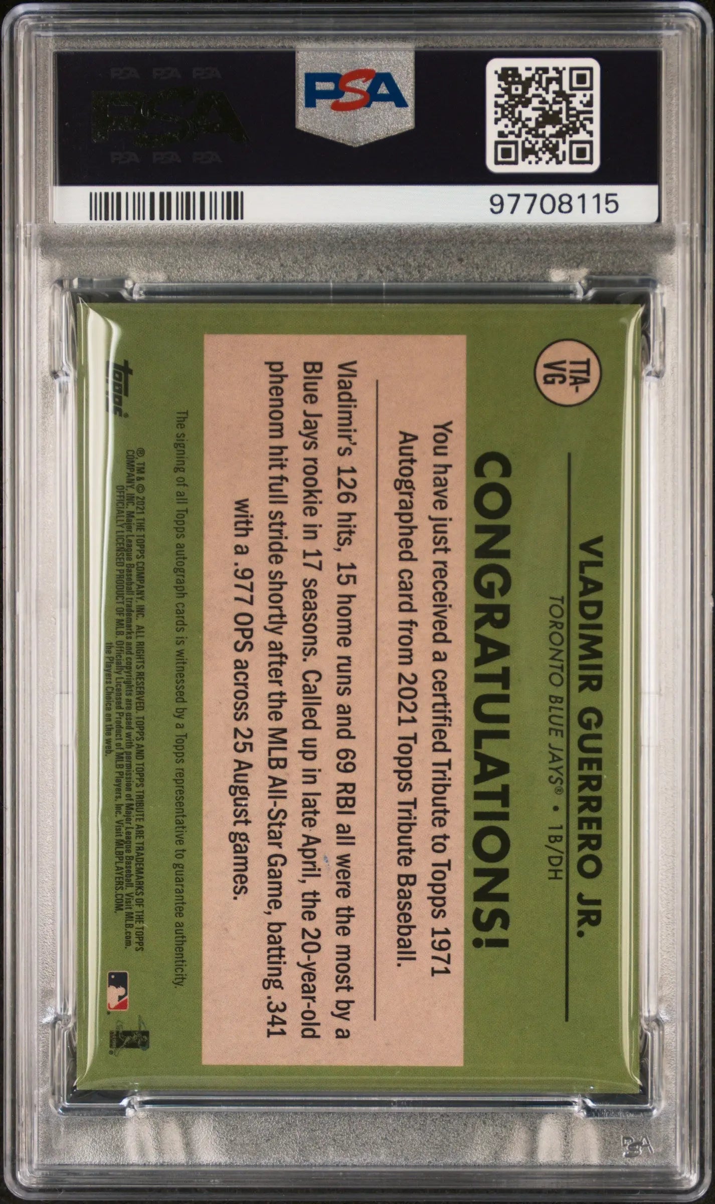 2021 Topps Tribute Tribute To Topps Autographs Vladimir Guerrero JR. PSA 9 /99 