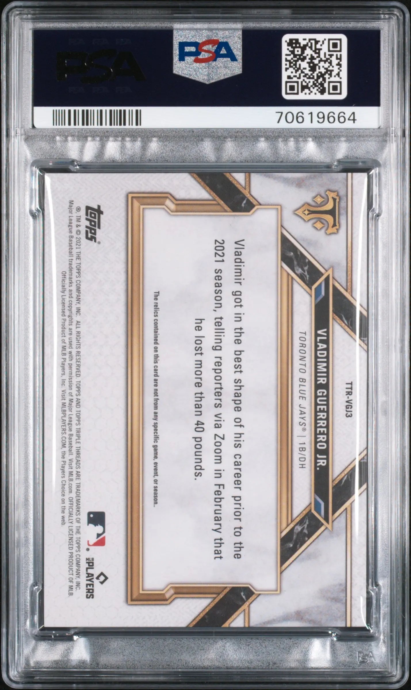 2021 Topps Triple Threads Relics Vladimir Guerrero JR. Sapphire PSA 10 3/3 