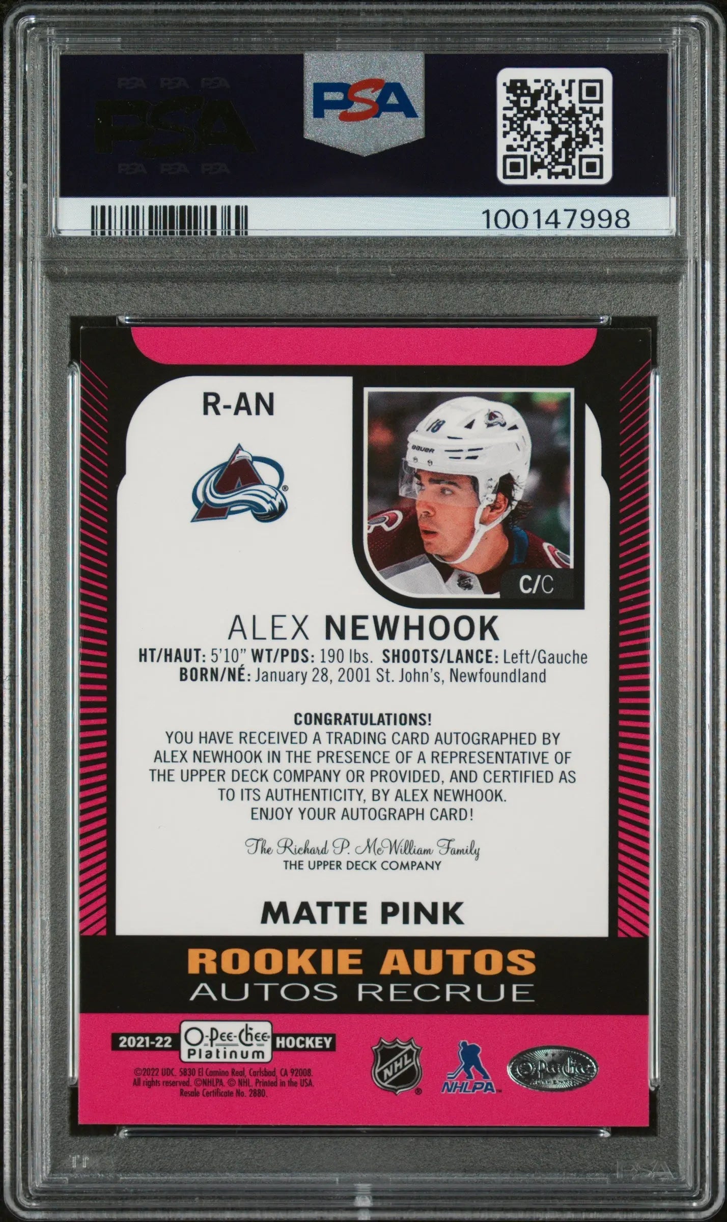 2021 UD O-Pee-Chee Platinum Rookie Autograph Alex Newhook Matte Pink PSA 10 