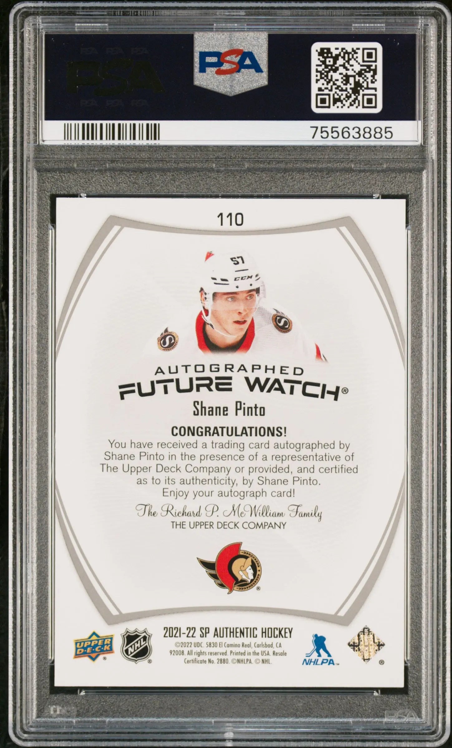 2021 UD SP Authentic Shane Pinto Future Watch Autograph PSA 10 /999 