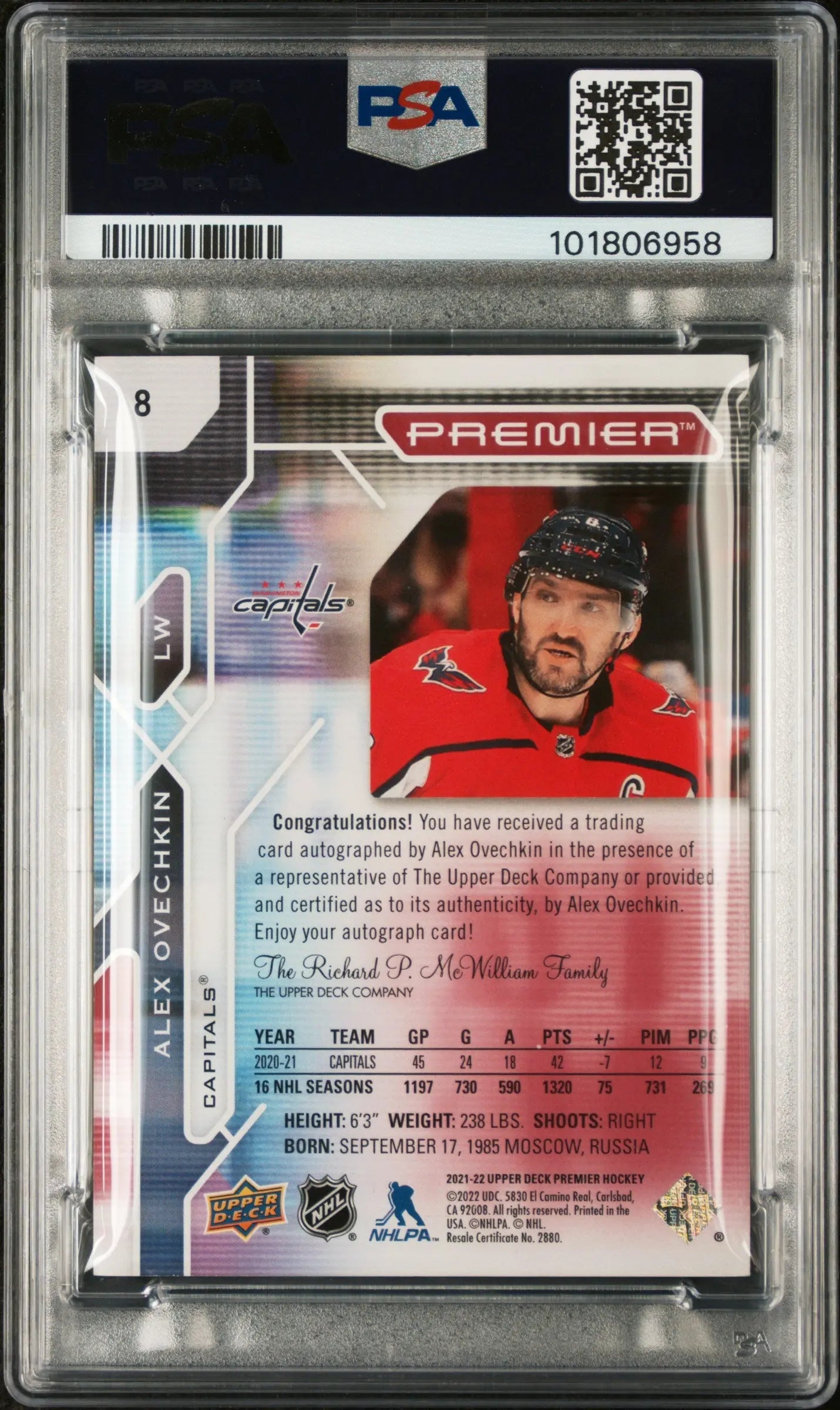 2021 Upper Deck Premier Hockey Alex Ovechkin Autograph PSA 9 #8 