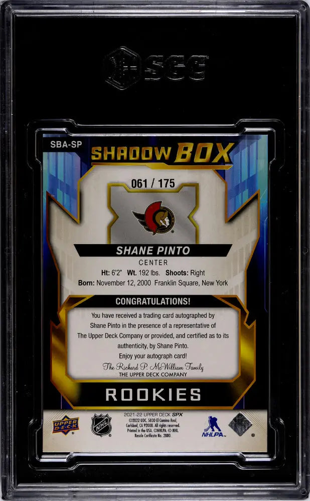 2021 Upper Deck SPX Shane Pinto Rookie Shadow Box Autograph SGC 8 /175 