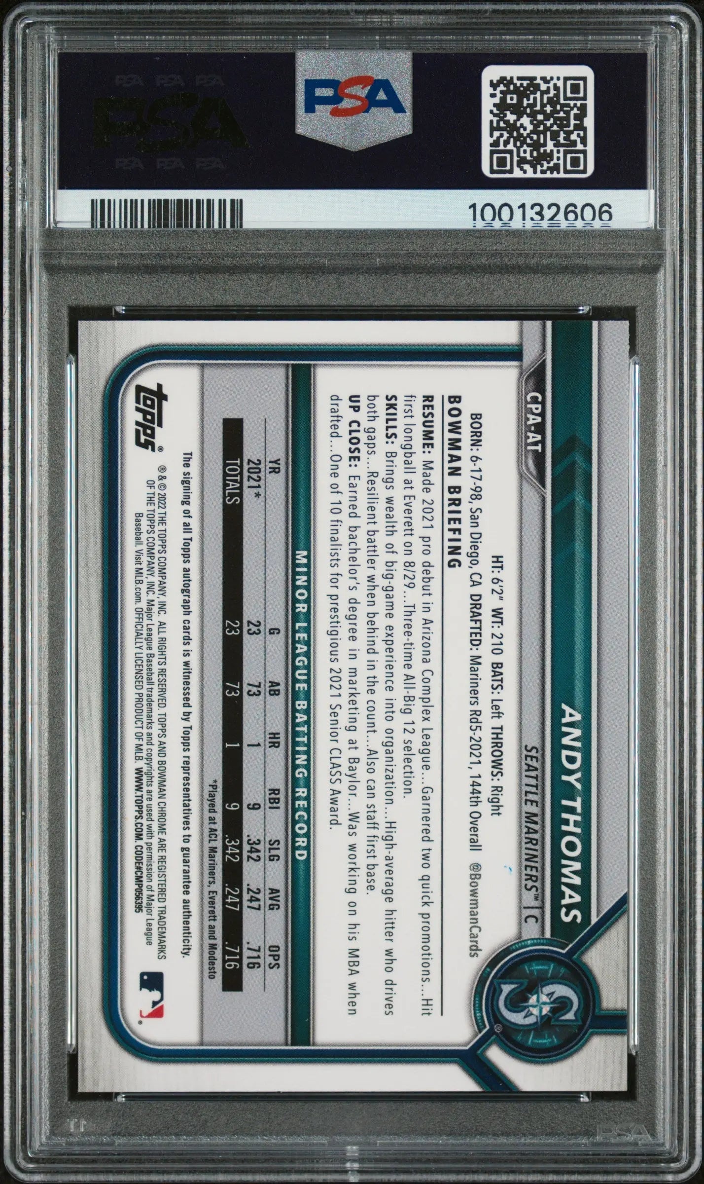 2022 1st Bowman Chrome Prospect Auto Andy Thomas Red Shimmer Refractor PSA 10 /5 