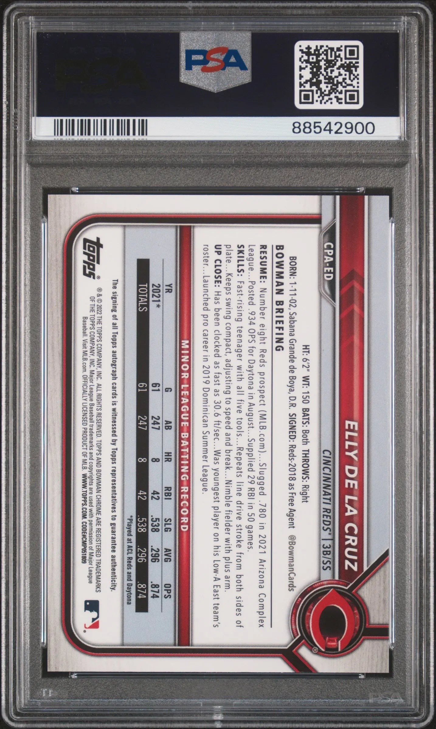 2022 1st Bowman Chrome Prospect Autographs Elly De La Cruz RC PSA 10 