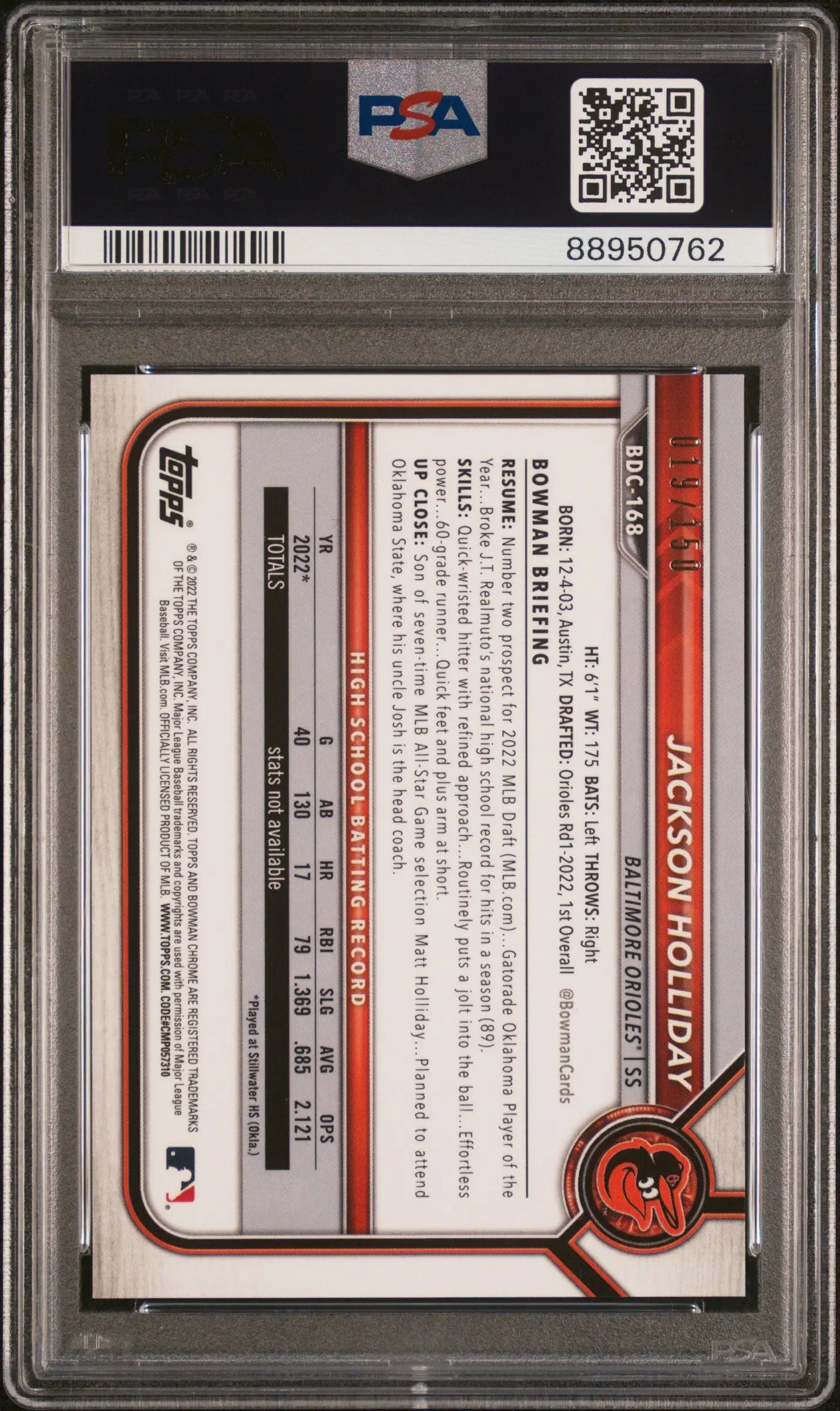 2022 1st Bowman Draft Chrome Jackson Holliday Blue Refractor PSA 9 /150 