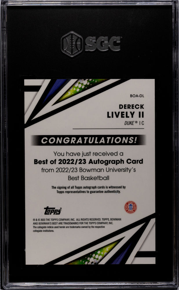 2022 23 Bowman University Best Sgc 10 Dereck Lively Ii Autograph Boa Dl 2