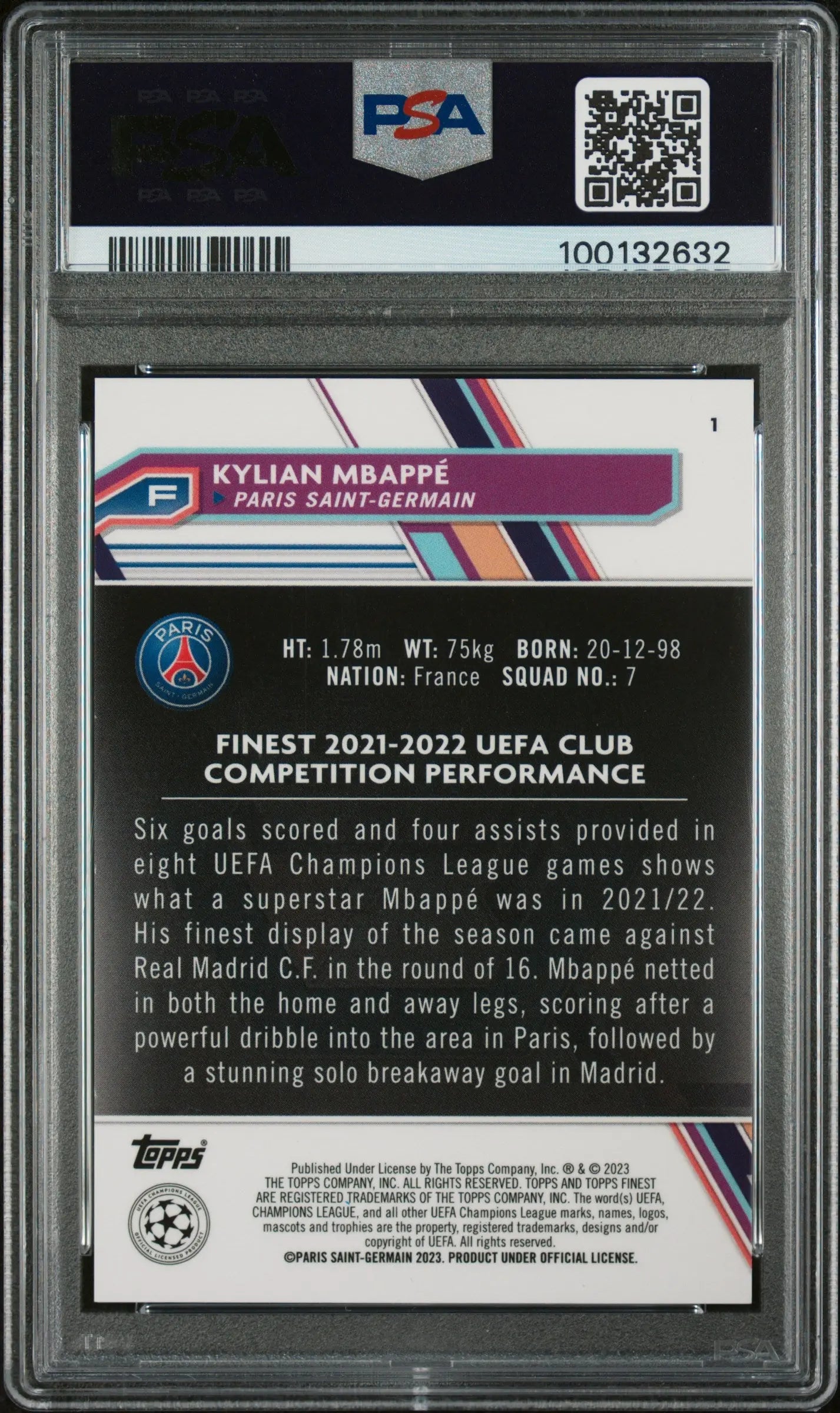 2022-23 Topps Finest UCC Kylian Mbappe Red Black Vapor Wave PSA 9 /10 