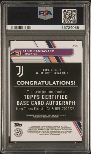 2022-23 Topps Finest UEFA CC Fabio Cannavaro Orange Wave Auto PSA 10 /25 