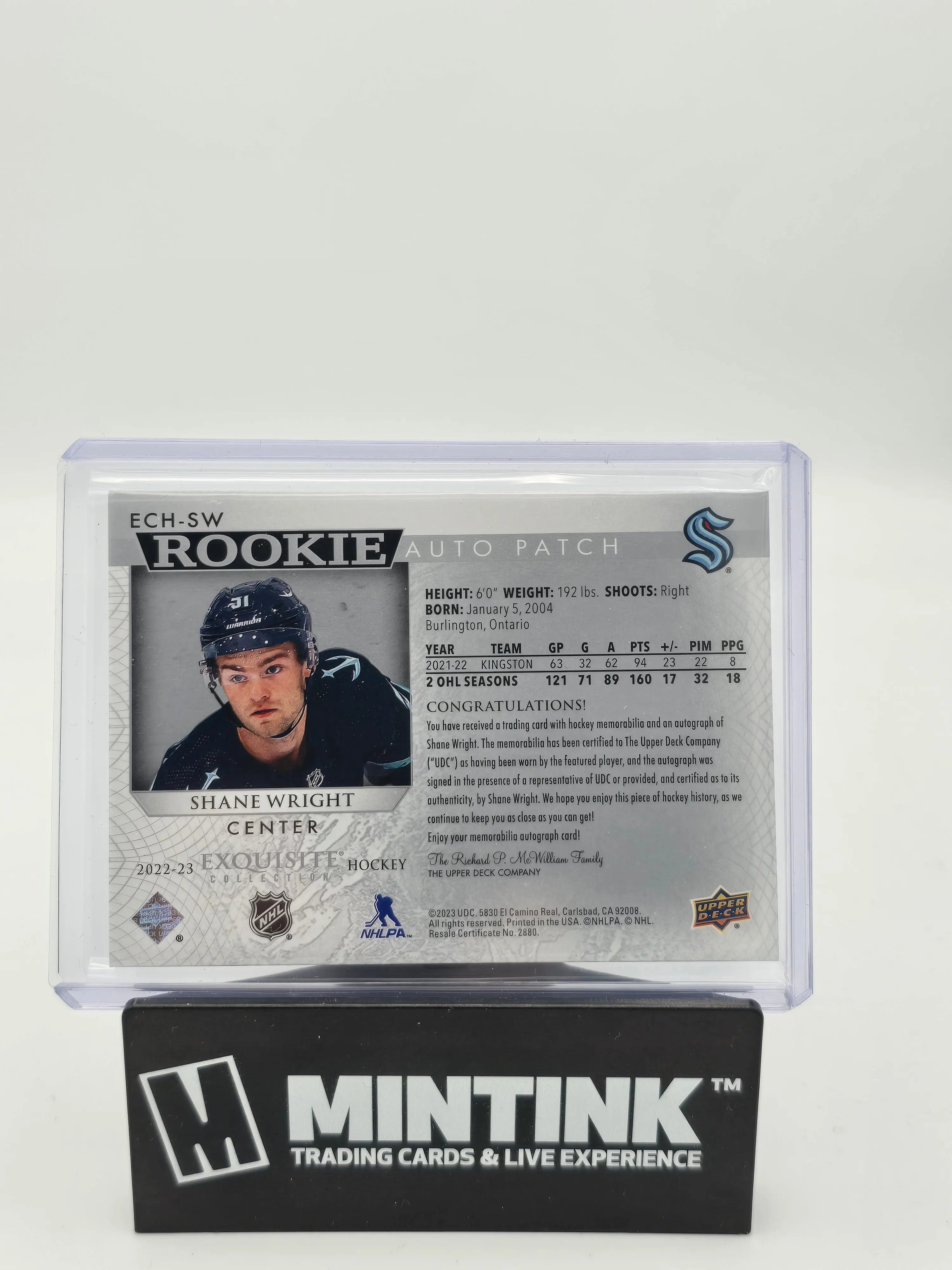 2022-23 UD Exquisite Hockey Shane Wright Rookie Patch Auto /25 