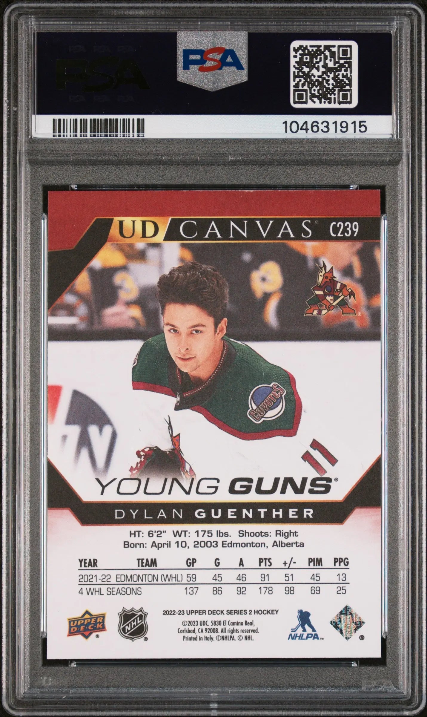 2022-23 UD Series 2 Hockey Dylan Guenther UD Canvas Young Guns RC PSA 9 