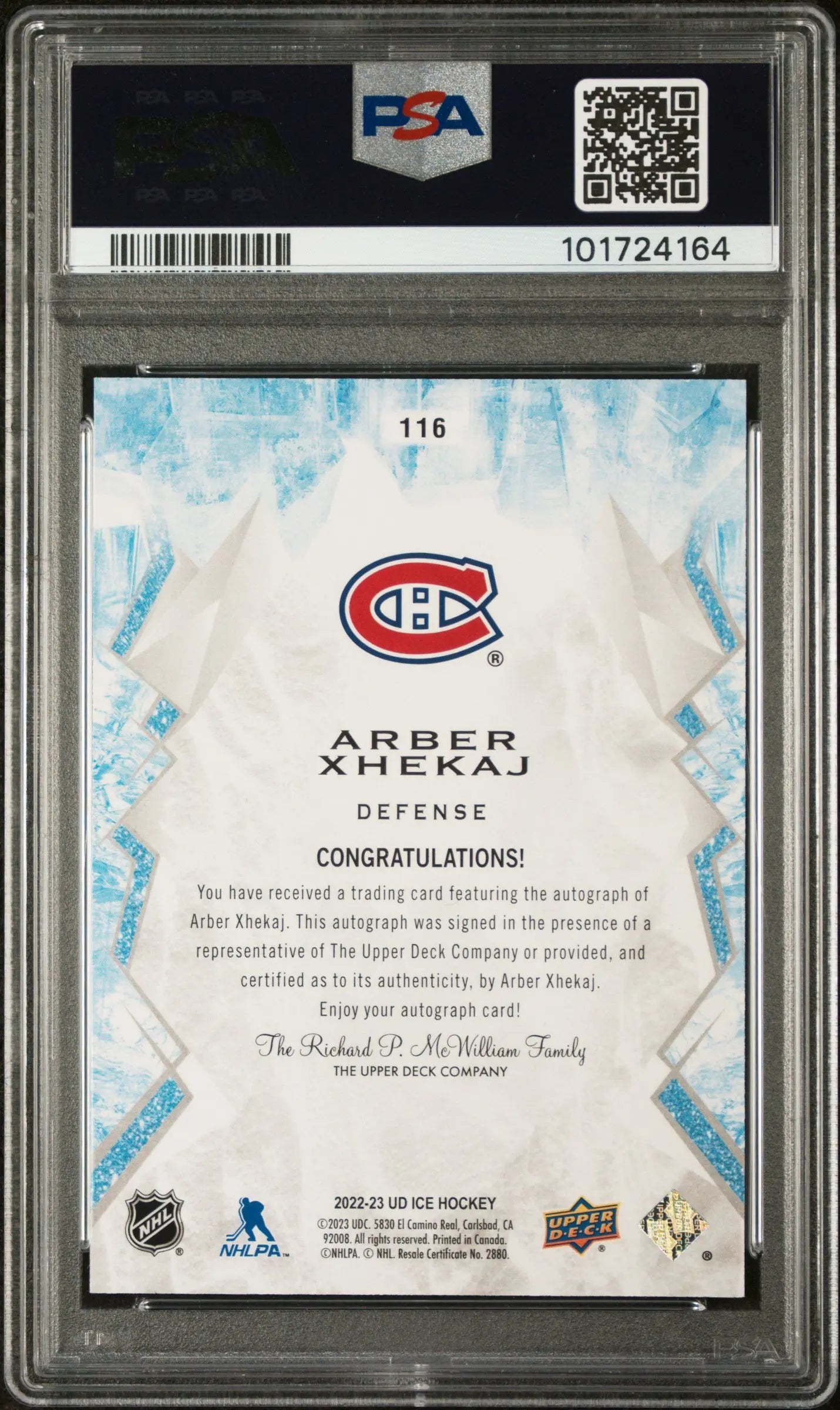 2022-23 Upper Deck Ice Arber Xhekaj Rookie White Snowflake Autograph PSA 10 