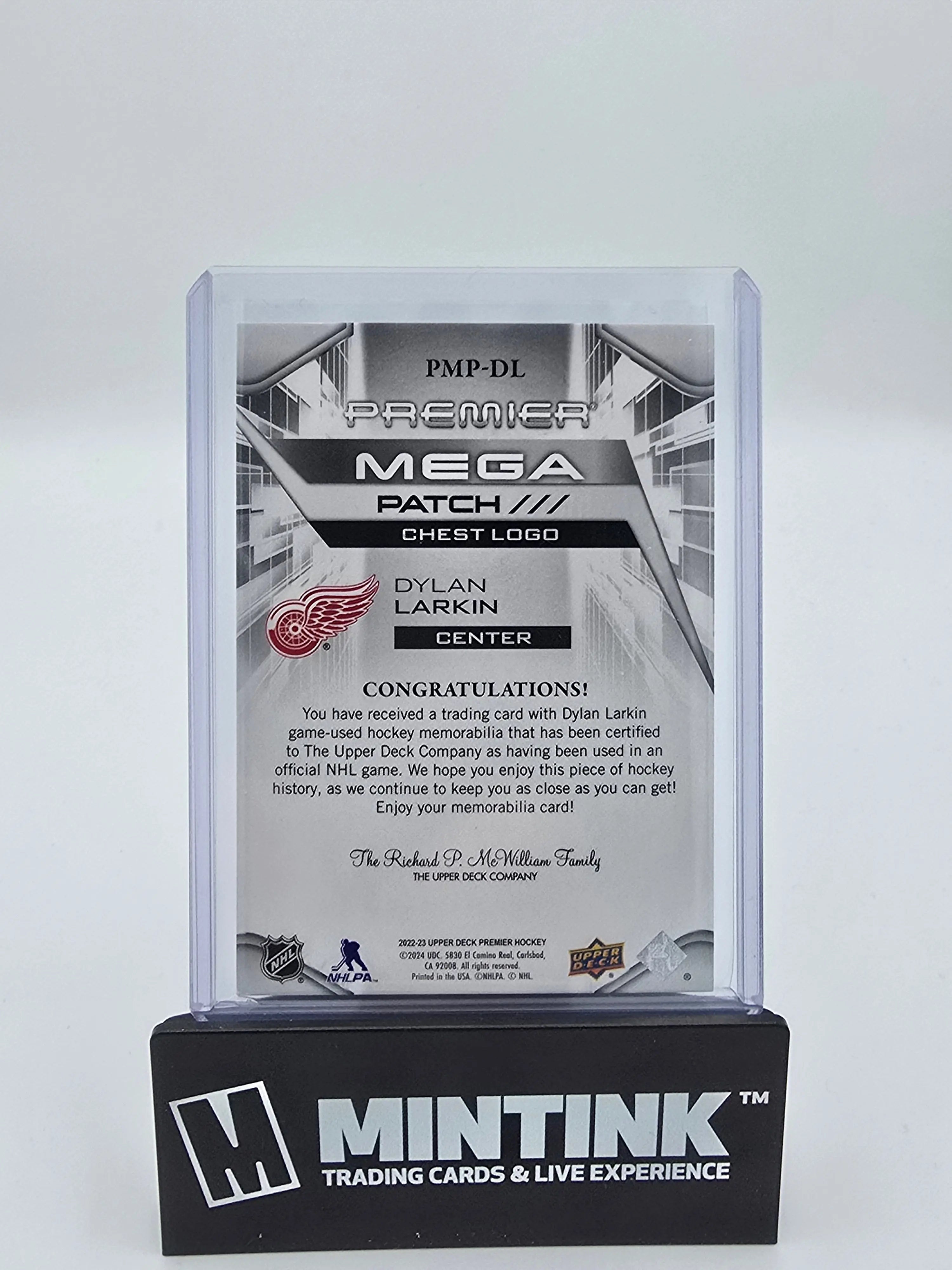 2022-23 Upper Deck Premier Hockey Dylan Larkin Mega Patch Chest Logo /21 