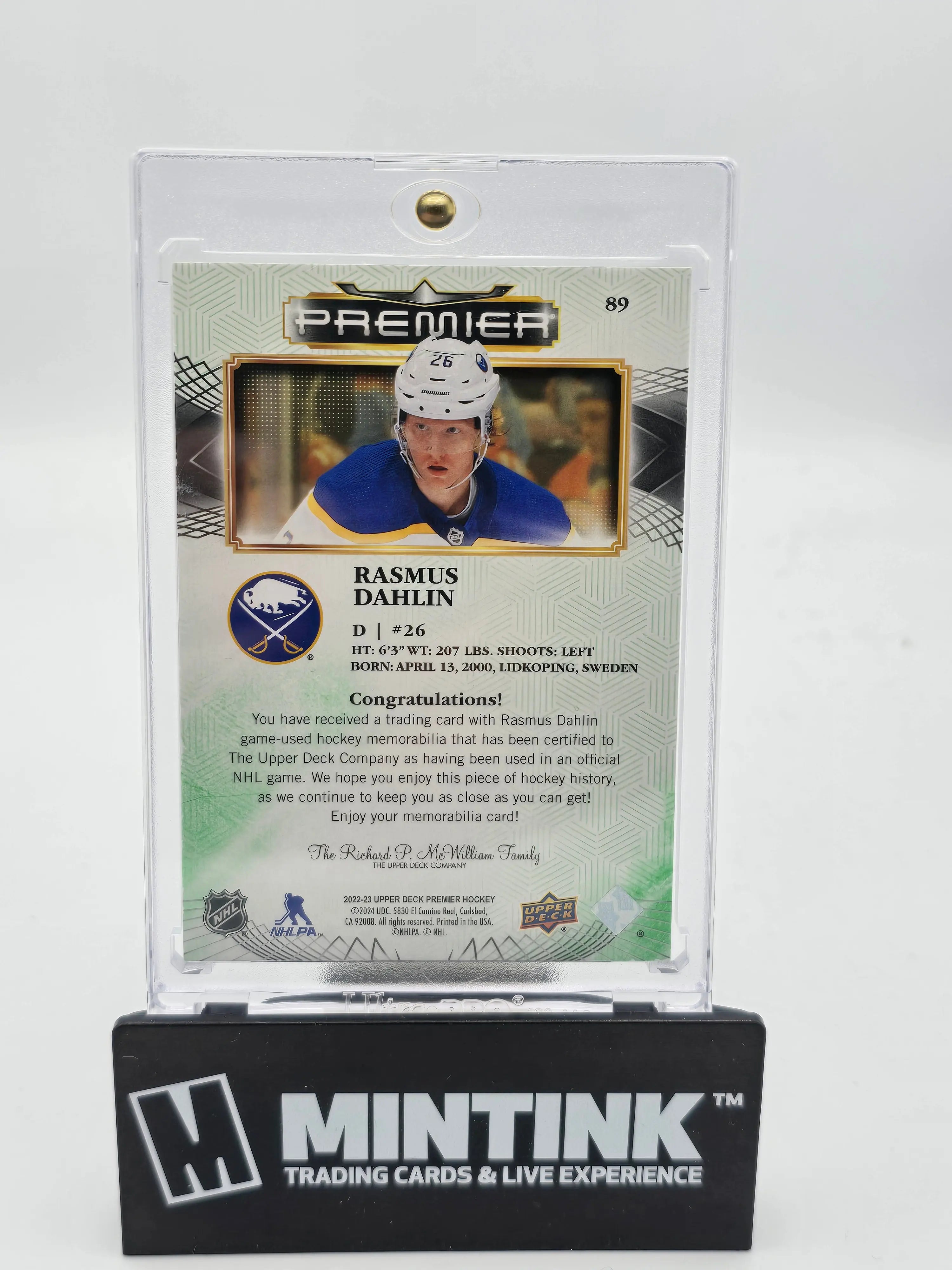 2022-23 Upper Deck Premier Hockey Rasmus Dahlin Green Gold Foil Fight Strap 5/5 