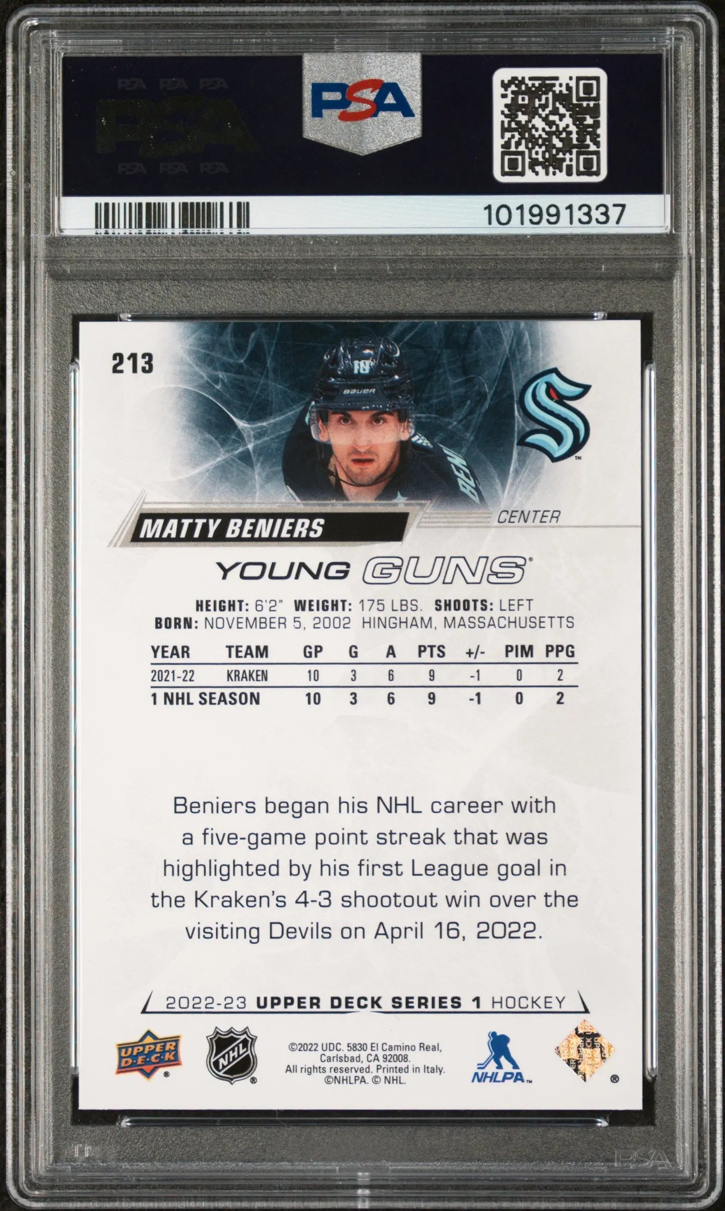 2022-23 Upper Deck Series 1 Hockey Matty Beniers Young Guns PSA 10 