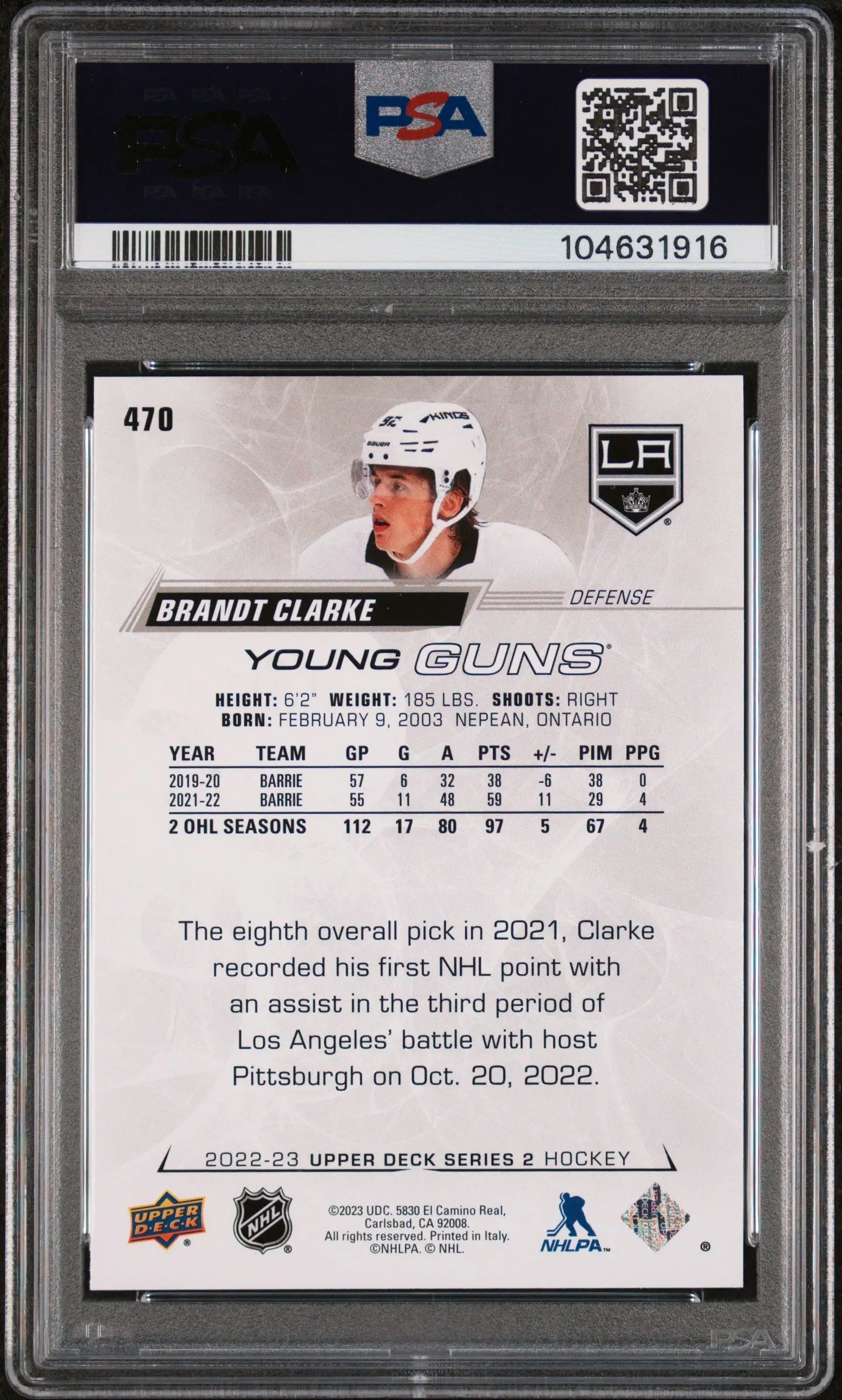 2022-23 Upper Deck Series 2 Hockey Brandt Clarke Young Guns RC PSA 9 