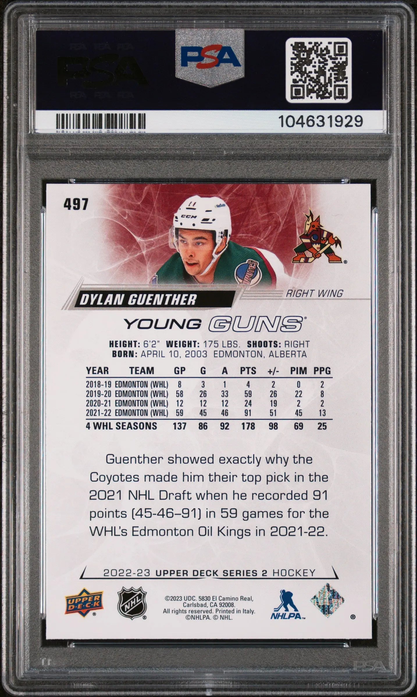 2022-23 Upper Deck Series 2 Hockey Dylan Guenther Young Guns RC PSA 9 