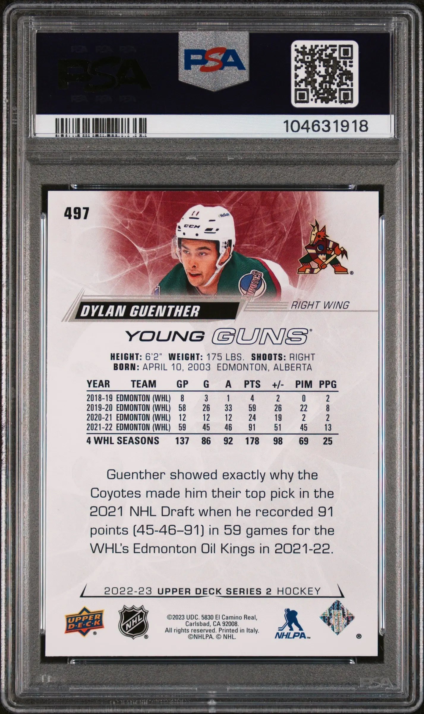 2022-23 Upper Deck Series 2 Hockey Dylan Guenther Young Guns RC PSA 9 