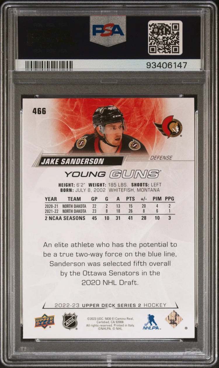 2022-23 Upper Deck Series 2 Hockey Jake Sanderson Young Guns RC PSA 9 