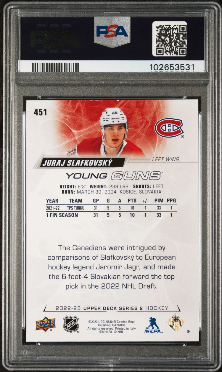 2022-23 Upper Deck Series 2 Hockey Juraj Slafkovsky Young Guns RC PSA 9 