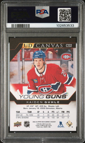 2022-23 Upper Deck Series 2 UD Canvas Young Guns RC Kaiden Guhle B&W PSA 10 