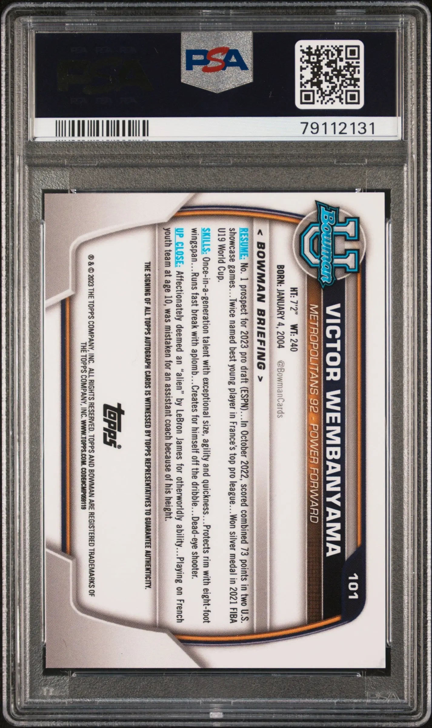 2022 Bowman Chrome University Victor Wembanyama Prospects Auto PSA 10 