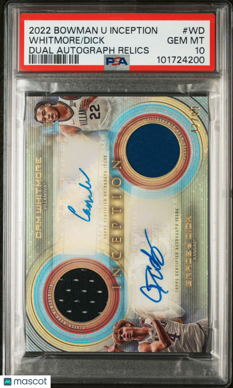 2022 Bowman University Inception Dual Autograph Relics Dick Whitmore PSA 10 