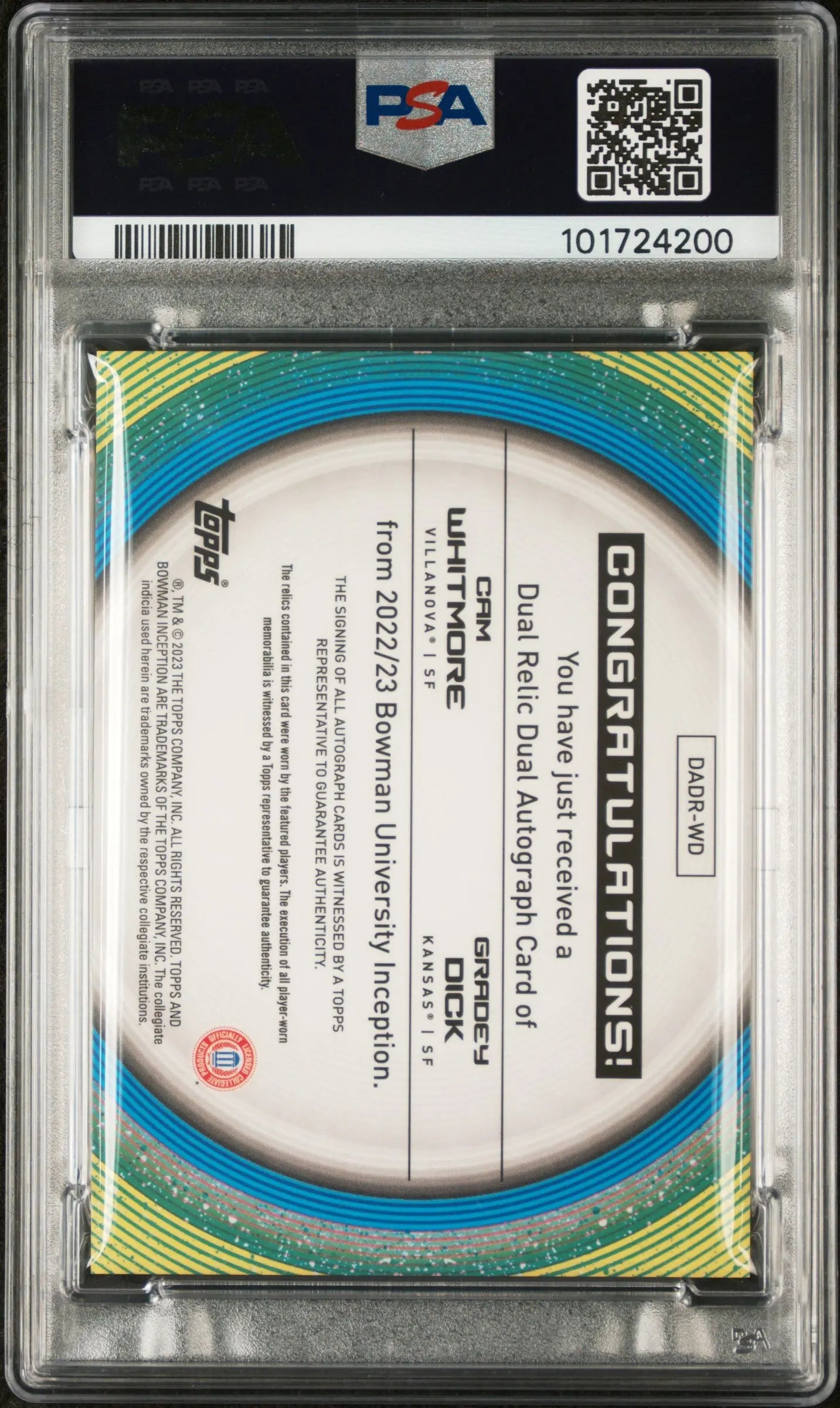 2022 Bowman University Inception Dual Autograph Relics Dick Whitmore PSA 10 