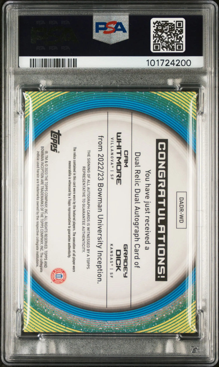 2022 Bowman University Inception Dual Autograph Relics Dick Whitmore PSA 10 