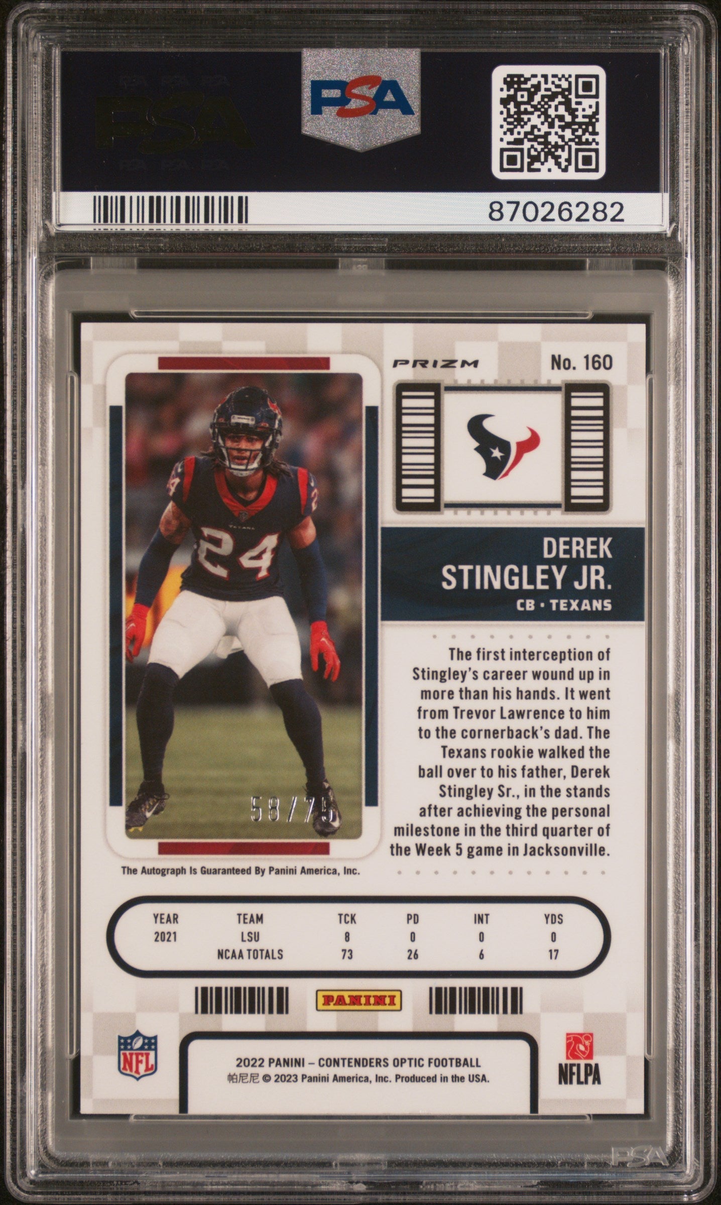 2022 Contenders Optic Derek Stingley Jr Rc Autograph Blue Psa 8 58 75 Sb 2