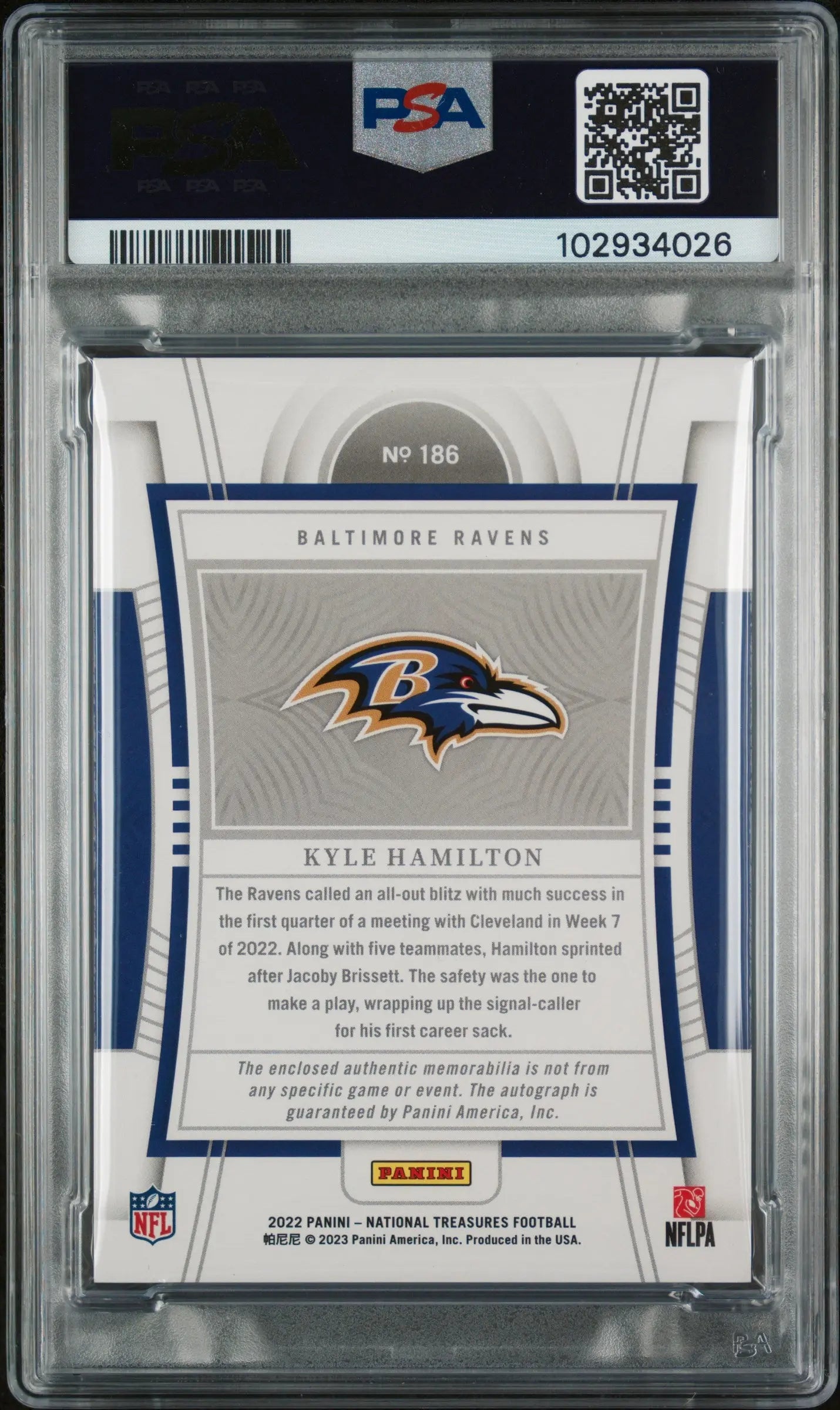 2022 National Treasures Kyle Hamilton RC Rookie Patch Auto Purple PSA 9 /49 