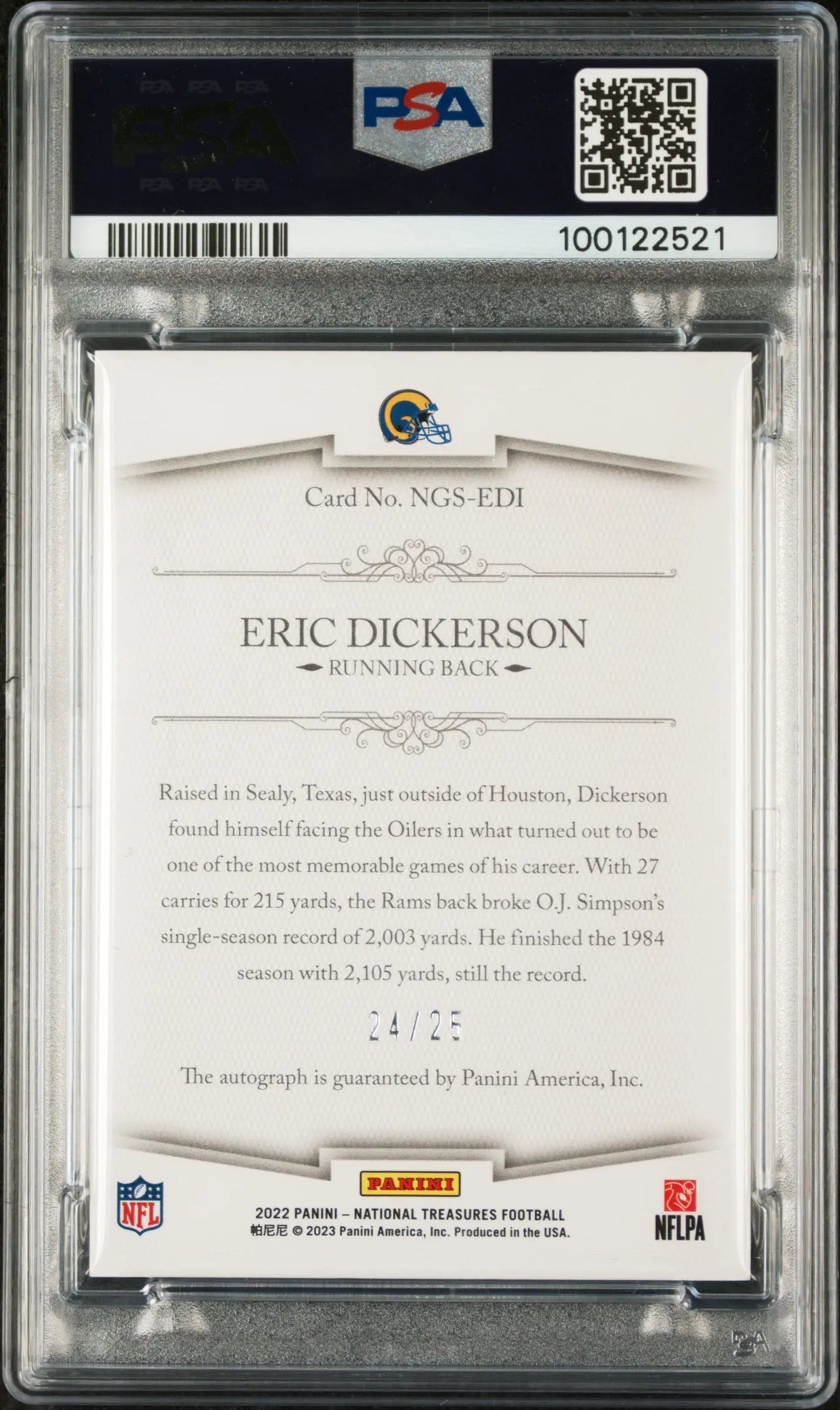 2022 National Treasures NFL Greatest Signatures Auto Eric Dickerson PSA 10 /25 