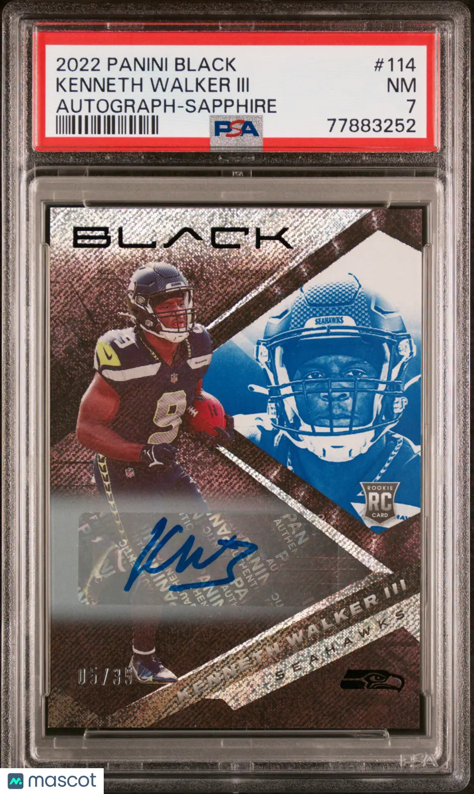 2022 Panini Black Football Kenneth Walker III RC Rookie Sapphire Auto PSA 7 /35 