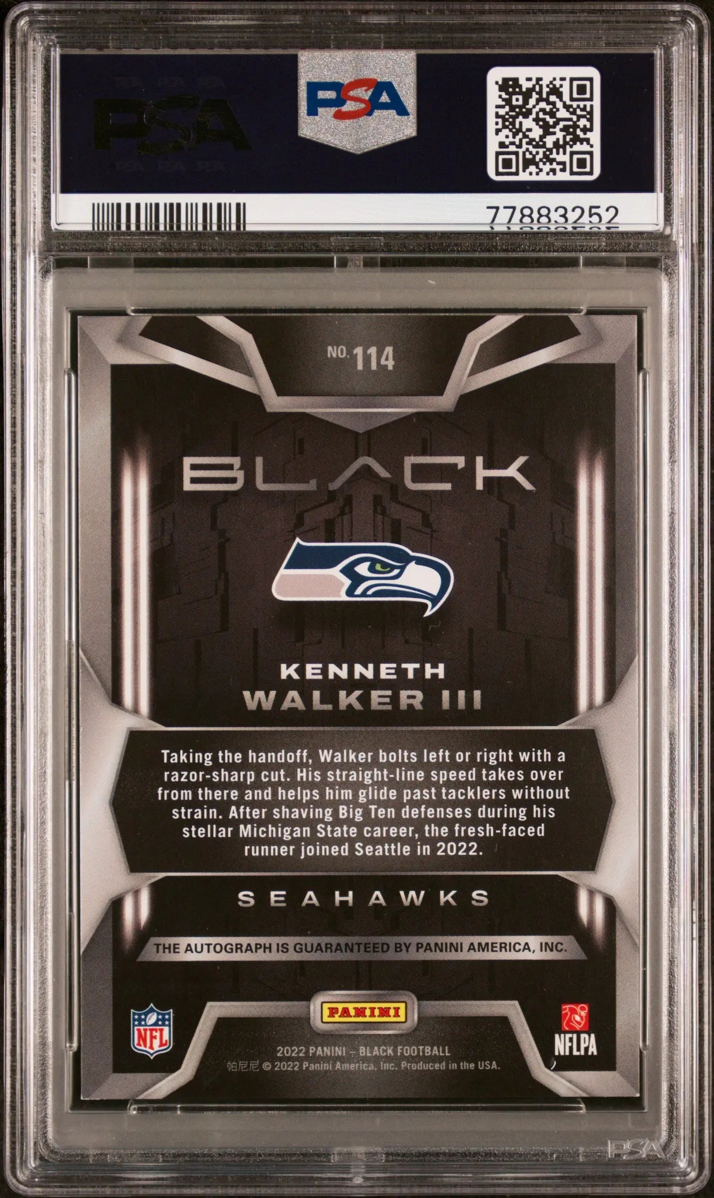 2022 Panini Black Football Kenneth Walker III RC Rookie Sapphire Auto PSA 7 /35 