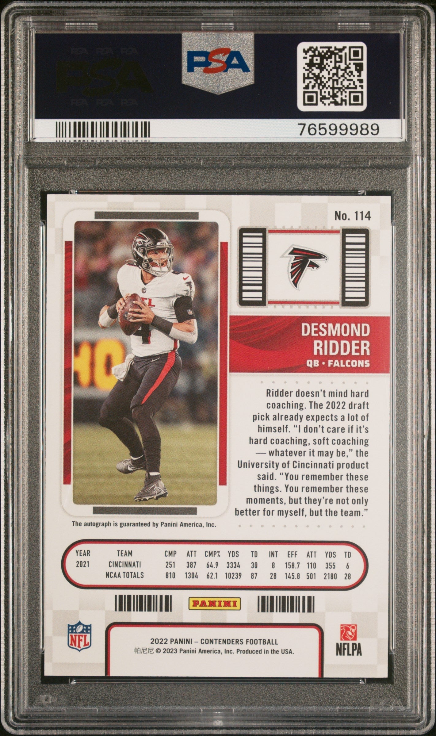 2022 Panini Contenders Psa 9 Desmond Ridder Rookie Autograph 114 2