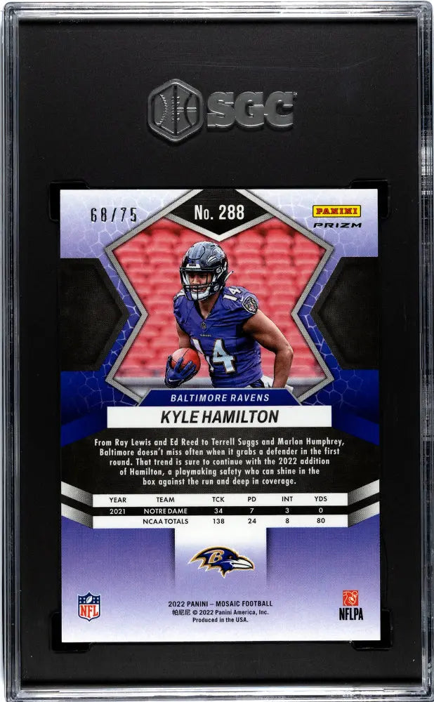 2022 Panini Mosaic Kyle Hamilton RC Rookie Blue No Huddle Prizm SGC 10 /75 